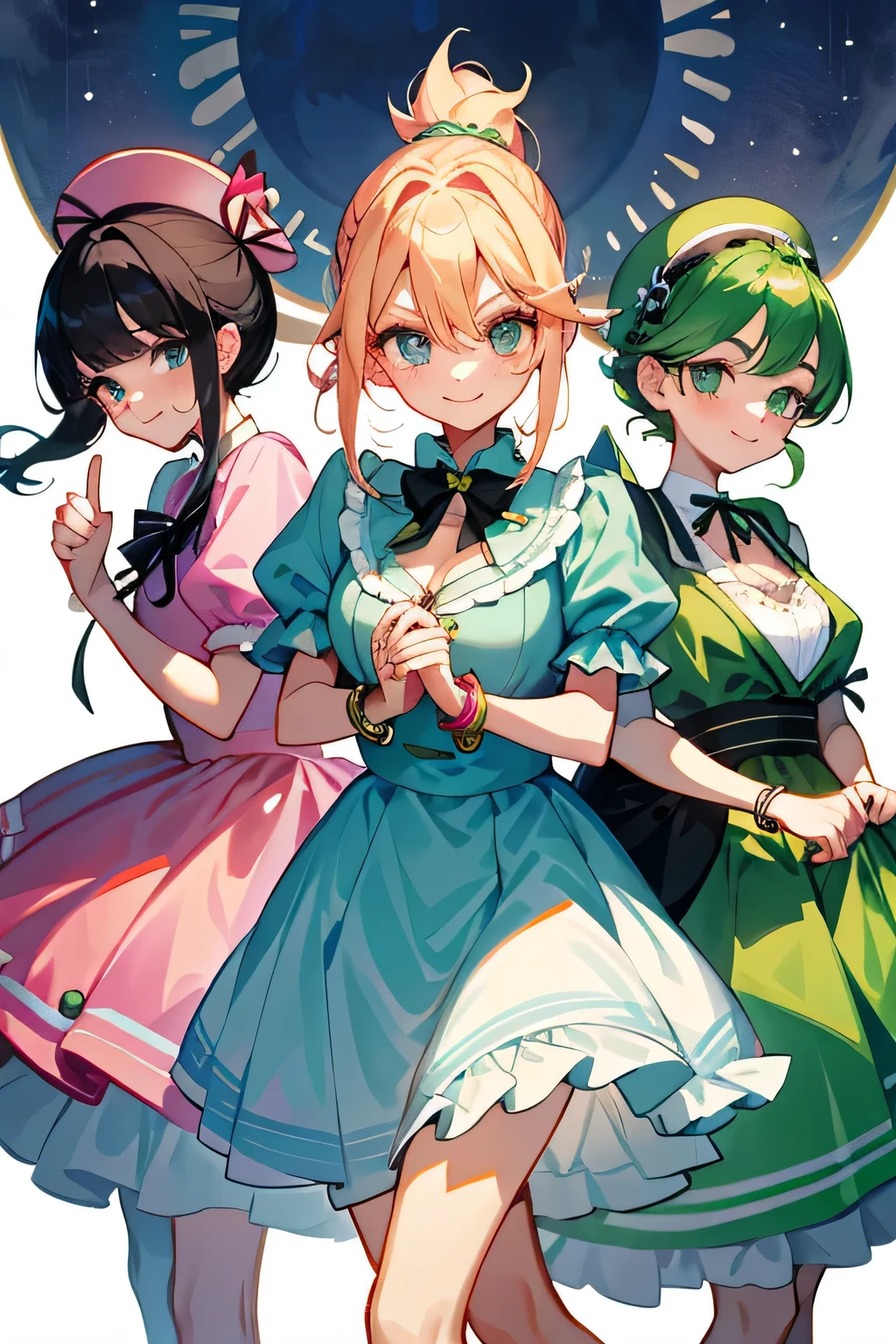 highest quality、High resolution、detailed background、beautiful and detailed face、beautiful and smooth skin、skin texture、I'Visiting an amusement park or theme park.、(three beautiful teenage girls:1.5)、(huge breasts:1.3)、braided hairstyles、ponytail、サイドponytail、cowboy shot、
Peter Pan Color Blouse、ガーリーな雰囲気が漂うPeter Pan Color Blouseはカジュアルなボトムスと合わせても可愛く着こなせます、If you want to create a feminine atmosphere, A flared skirt is recommended..、Show off your cuteness by choosing a patterned or embroidered skirt、
depending on the season, Open toe sandals and flat shoes are also fashionable..、
Choose items with bright colors and ribbon or ruffle details..、
Add cute hair accessories such as hair bands or ribbon hair clips to make the whole look even cuter.、
Add a necklace or bracelet with a simple design to tighten up your outfit..、It is a good idea to choose unique accessories such as pastel colors or ones with charms.、The pose of putting your hands together in front of your chest can create a cute and tense feeling.、cute仕草、emphasize the chest、emphasize cleavage、Laugh playfully、smile、smile、sexual expression、cute