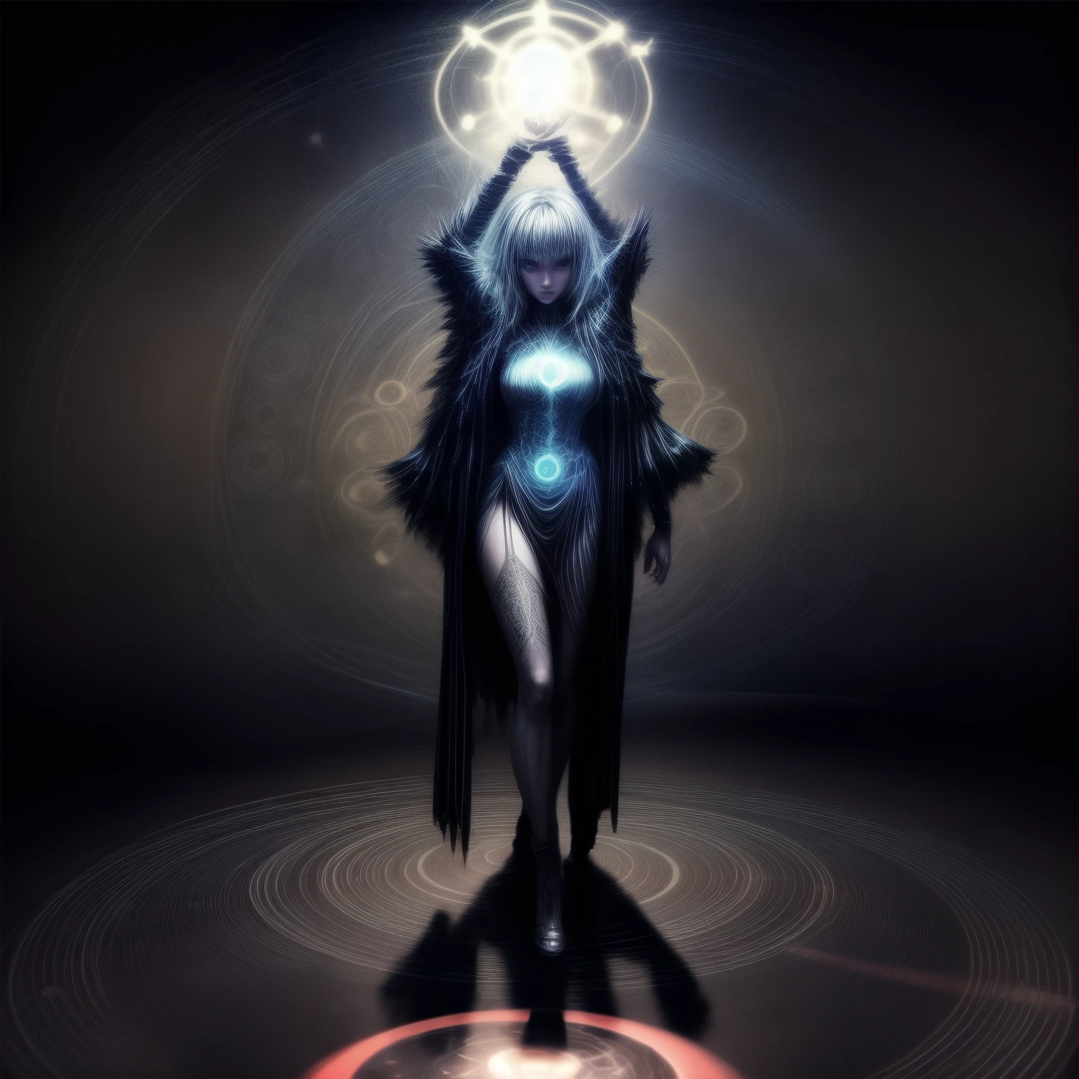 A female magician standing on a (luminous Magic Circle:1.5), Inside the ruins at night, full body image