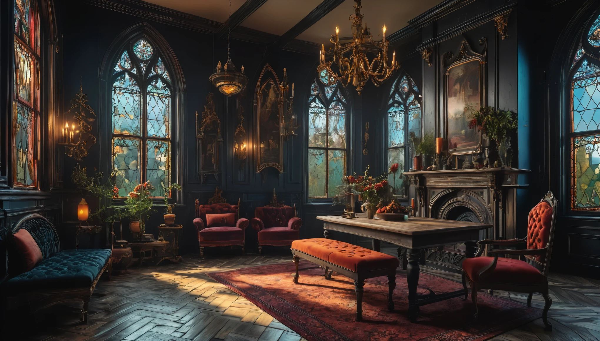 Gothic aesthetic illustration oil painting, mysterious atmosphere, Gothic elegance and intricate details, dim room, Elegant woman in a gothic dress, A scolding gaze, looking from the side, The delicate features of Gothic are emphasized., Ornate furniture and delicate lace curtains, in beautiful gothic architecture, elaborate furniture and decorations, white lamp shining in the corner, fantastic shine, luxurious interior, gothic chairs and table, grunge painted gouache, tonal contrast, highly detailed gothic, high quality, 最high quality, Cinematic angle and light, Gothic Beauty, Gothic aesthetic illustration ultra-fine madness, Elegant work with gothic pattern, sharp gaze upwards, The delicate features of Gothic are emphasized., A beautiful flower blooming in solitude, gothic texture sky, grunge painted gouache, high contrast, highly detailed gothic, high quality, 最high quality, Cinematic angle and light,