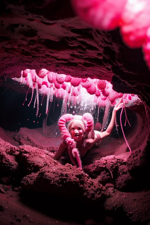 Cave covered with pink raspberry groups, tentacles grow
