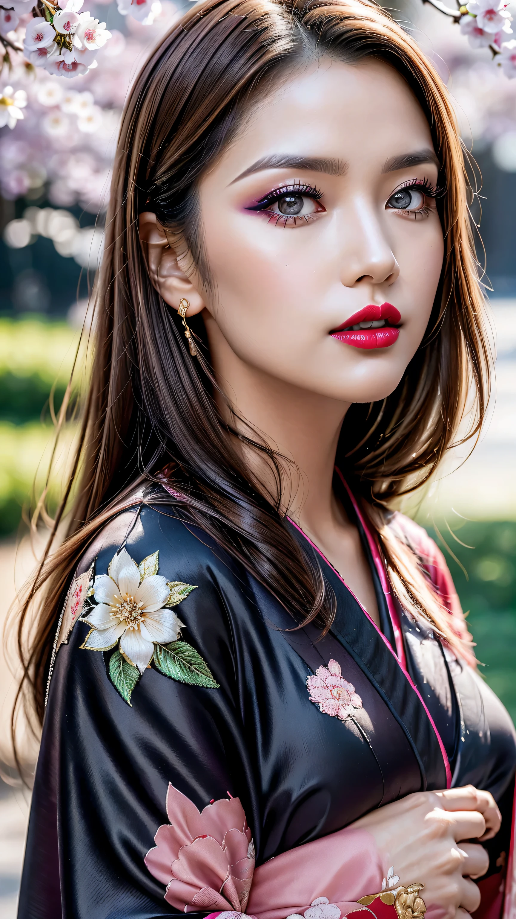 Divide Ratio : 1,1,1 Base Ratio: ((portrait)),beauty (mixed girls) in (highly detailed 32k absurd art of a ((girl 18-year-old)) ),fashion supermodel,(best high quality real texture skin:1.3),(best quality texture hair:1.4),BREAK,(dark blonde hair (slicked to the side) extremely detailed:1.28),((outside,an orchard of blooming cherry trees:1.3)),(best high quality:1.4),(photo realistic:1. 5),(Hyperrealism:1.5),((sharp focus)),(highest resolution),((soft neon lighting on the face and body)),(perfect proportions),(anatomically correct),(perfect female body),(firm normal full breasts:1.3),slim face,beautiful cheekbones,((slim,swell-muscled body:1.24)),(Super beautiful face),(realistic face),(highly detailed face:1.5),absurd(ultra detailed eyes), finely detailed face,finely quality eyes,(tired and sleepy and satisfied:0.0),close up of a woman's eye with a digital rendering,realistic eyes,perfect round eyes,finely detailed pupils,(brown_eyes:1.3),BREAK,detailed lips:1.3,pink_makeup:1.3, long blue_eyeliner:1.25, (red_lipstick:1.32),perfect dark_eyeshadows:1.45, there a close up of a woman's, (super detailed makeup on eyes:1.3), iridescent eyes, with professional makeup, vibrant eyes:1.2, (Detailed nose:1.2),BREAK,((super extravagant ((cut kimono cute)) wear)),small head:1.4,BREAK,makeup:1.22,BREAK,/(random u%u top:1.13),/exquisite balance of shadows,perfect composition,((upper body shot:1.3)),(((look at the viewer))), Hasselblad, 50mm f/2.2