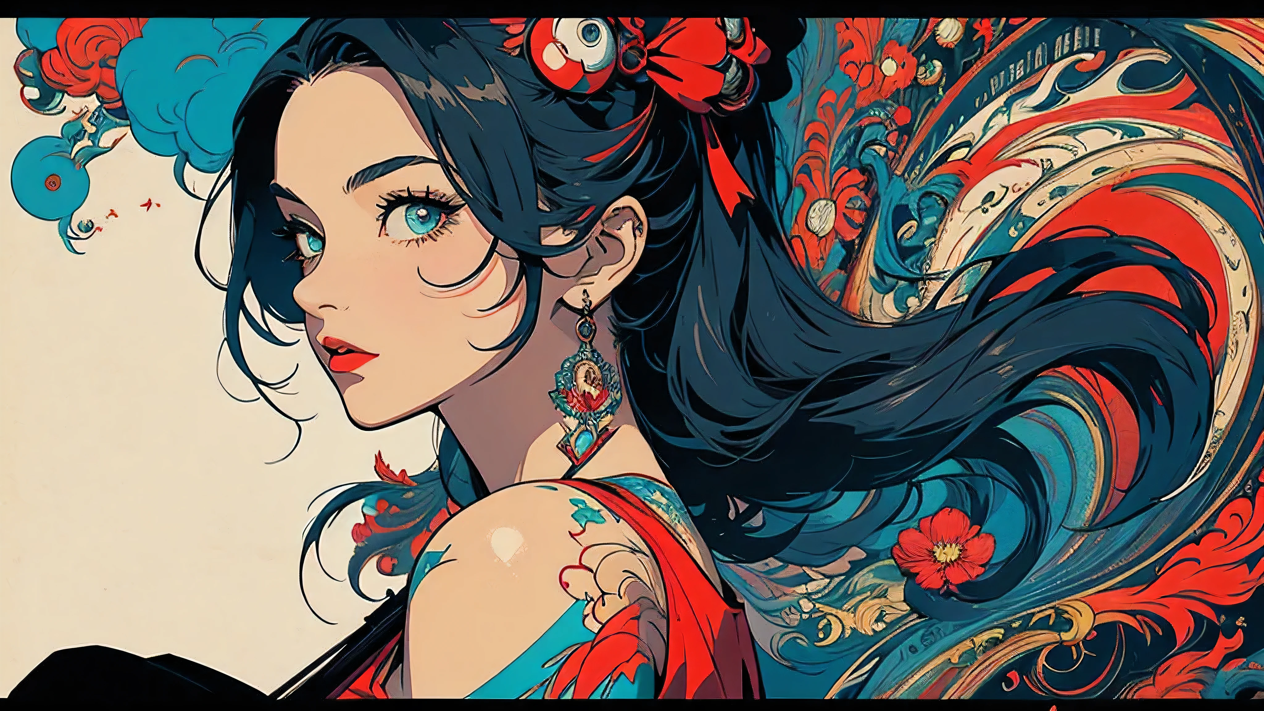 (masterpiece, best quality),poster,abstract,movie poster,vintage,perfect lady,retro,japanese cartoon movies,simple,retro,(((perfect woman))),((background_complication)),Tattoo