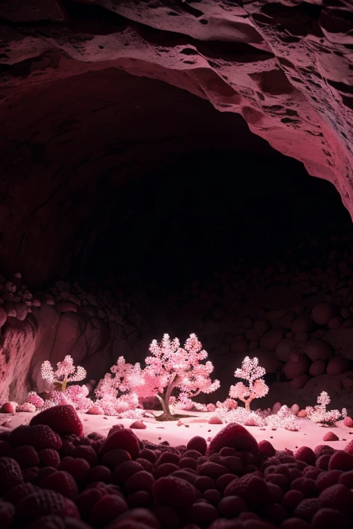 Cave covered with pink raspberry groups, tentacles grow