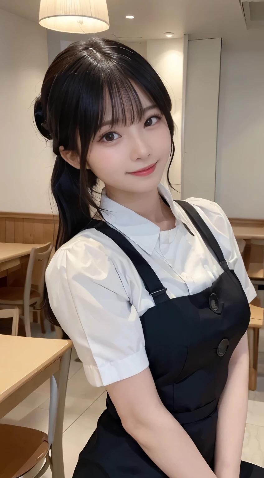 (highest quality,masterpiece:1.3,ultra high resolution,),(Super detailed,caustics),(Photoreal:1.4,RAW shooting,)ultra-realistic capture,very detailed,High resolution 16K human skin close-up。 natural skin texture、,The pores are、、、、Must be detailed enough to be easily identified。 Skin should look even-toned and healthy。 Use natural light and color,restaurant,waitress uniform,1 girl,Japanese,18-year-old,cute,black haired,ponytail,big breasts,smile,turn your body forward,(Front view:1.1),look at the camera,cowboy shot,