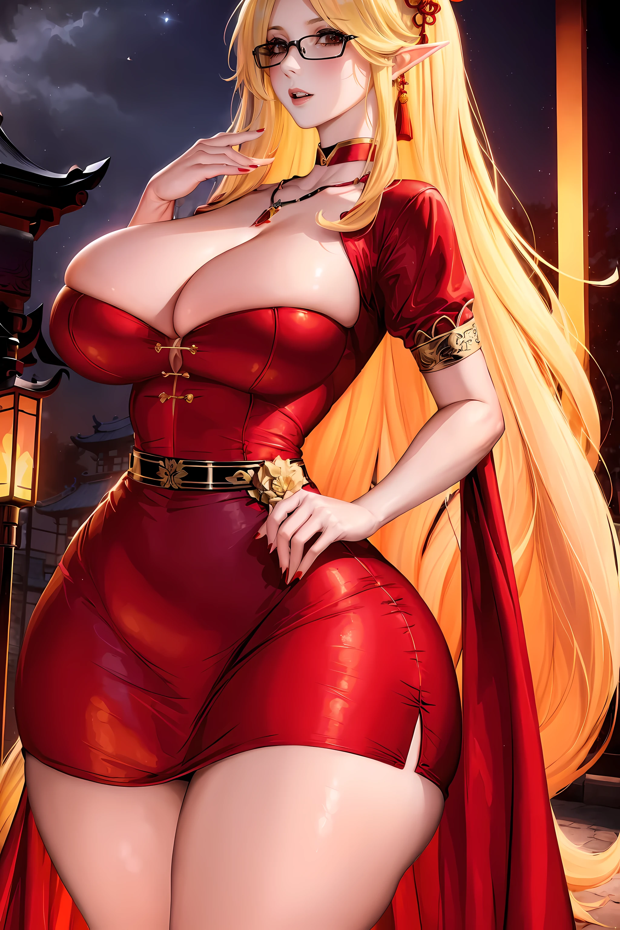 女Elf, Glasses, lace, 彩色long skirt, long skirt, tape, Elf, Japanese animation, game character, middle Ages, (best picture quality,4k,8k,HD,masterpiece:1.2), Ultra-fine, actual, Chinese Hanfu, Chinese architectural background, red scarf, hair accessories, necklace, jewelry, pretty face, Delicate figure, todorov effect, dark studio, edge lighting, two-tone lighting, (HD皮肤:1.2), 8k 超HD, SLR camera, soft light, high quality, Lots of lighting, frank, photo, high resolution, 4k, 8k, Vague, Girl in Red,Very sexy milf,Devil figure