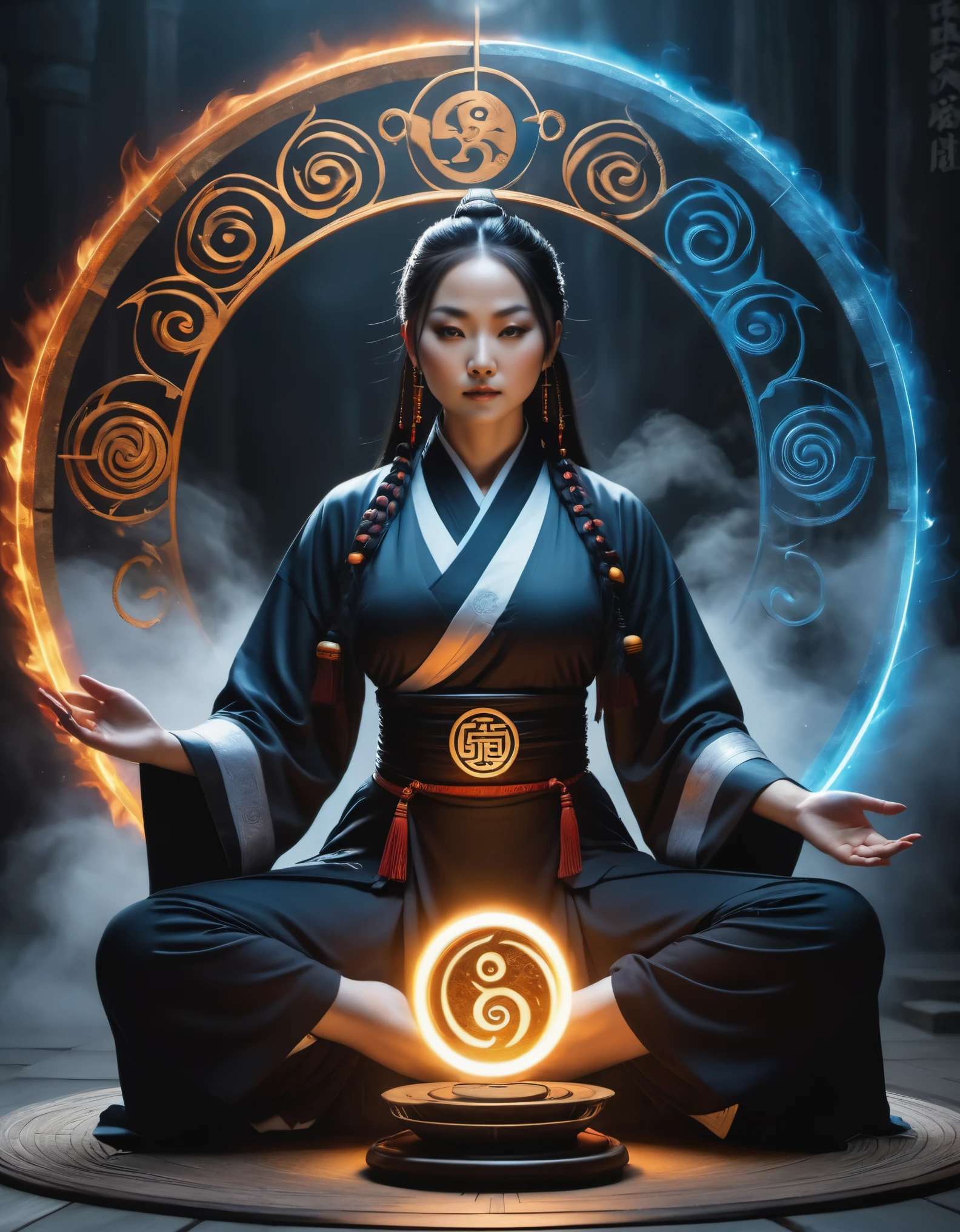 magic circle，best quality,4k,8k,highres,masterpiece:1.2,ultra-detailed,realistic,acrylic style,tai chi, yin yang, eight trigrams,3d rendering，，Female Taoist Priest，Light and shadow photography，