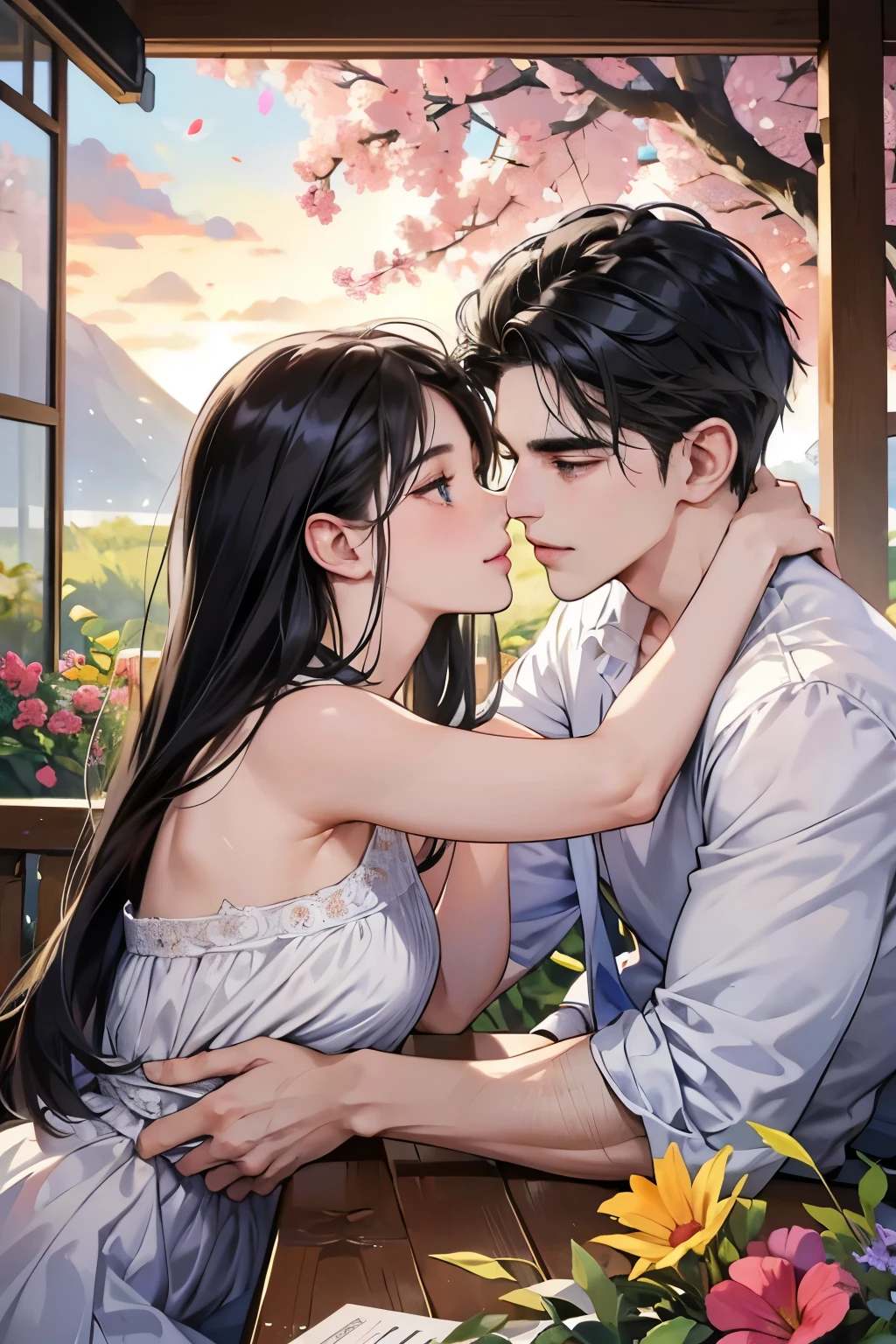 (table top, digital art, digital illustration, 4k, 8k, Super detailed, beautiful images, clear image, realistic, RAW photo, perfect face, perfect lines, perfect eyes, soft lighting) ,1 female, (long black hair,straight hair,bullish look,Beautiful woman,small breastake up well,23 years old,:1.3),Two handsome men in suits, (human,muscular,solid shoulder width, human,boyish hairstyle,british gentleman&#39;s style,A man in his 30s with a cool expression,28 year old man with a bright 笑顔:1.2),Show your white teeth and 笑顔(embarrassing,shy smile:1.1),garden full of light、Squirting、resort sofa、colorful flowers、couple、coupleキス、romance porn、ハグし合うcouple、look at each other、bar、bar、counter
