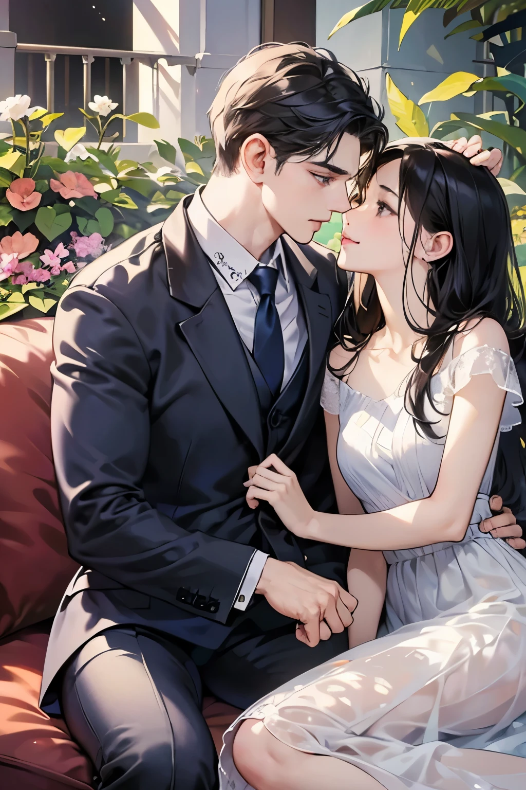 (table top, digital art, digital illustration, 4k, 8k, Super detailed, beautiful images, clear image, realistic, RAW photo, perfect face, perfect lines, perfect eyes, soft lighting) ,1 female, (long black hair,straight hair,bullish look,Beautiful woman,small breastake up well,23 years old,:1.3),Two handsome men in suits, (human,muscular,solid shoulder width, human,boyish hairstyle,british gentleman's style,A man in his 30s with a cool expression,28 year old man with a bright 笑顔:1.2),Show your white teeth and 笑顔(embarrassing,shy smile:1.1),garden full of light、resort sofa、colorful flowers、couple、coupleキス、romance porn、ハグし合うcouple、look at each other、wear sunglasses