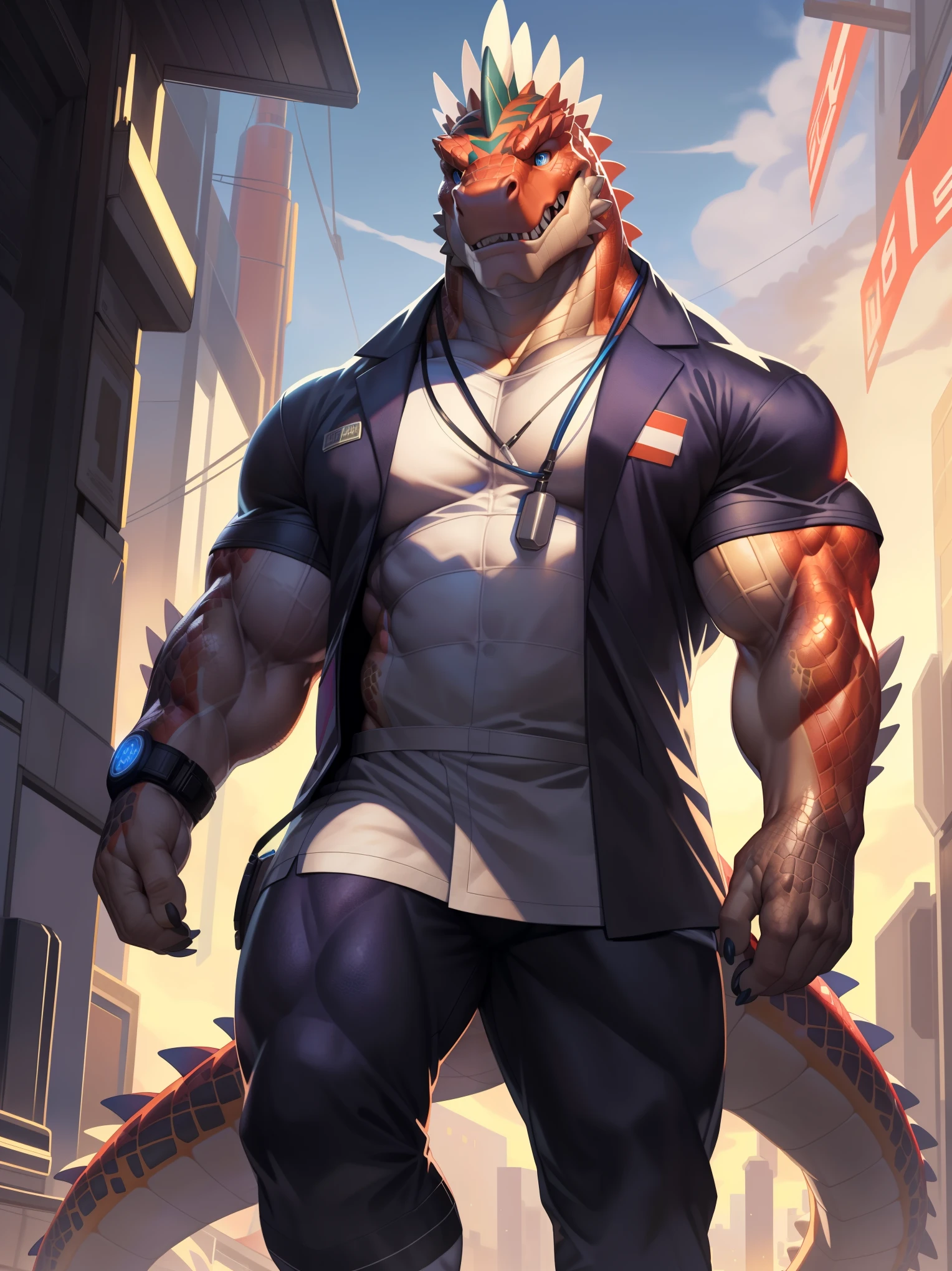 solo, anthro, furry, furry male, Alligator, ((spiny scales, scale, detailed muscles)), (Dinosaur print), orange body, redscale, Feather on head,  undershirt, loose clothes, snout, blue eyes, tail, detailed teeth, detailed face, detailed scales, detailed face, mono-colored body, glowing scales, detailed eyes, Doctor attire, id card, nurse coat, small blood stain, holding gym bag, headphones around neck, full body, claws, sneakers, (cyberpunk), (by null-ghost,by raccoon21, masterpiece, high quality, hi-res,8k), standing,close-view portrait, looking at viewer, outdoor, aggressive, angry, raging, menace, detailed sky,