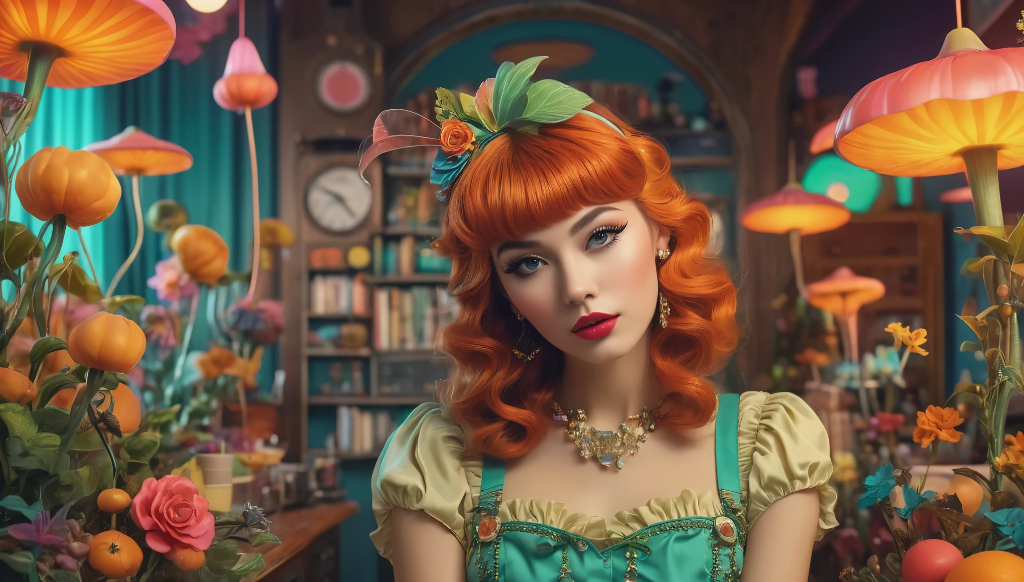 A close up of a woman with red hair and a green dress - SeaArt AI