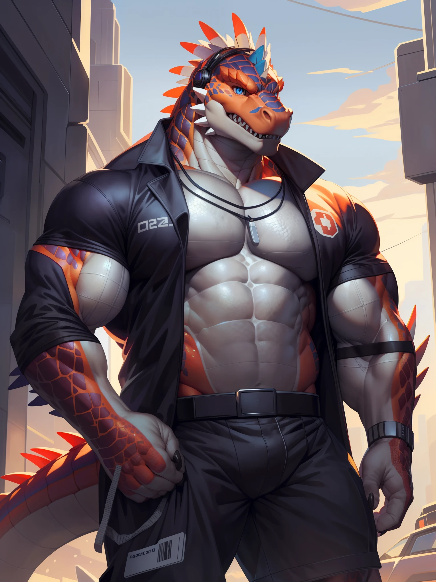 solo, anthro, furry, furry male, Alligator, ((spiny scales, scale, detailed muscles)), (Dinosaur print), orange body, redscale, Feather on head, undershirt, loose clothes, snout, blue eyes, tail, detailed teeth, detailed face, detailed scales, detailed face, mono-colored body, glowing scales, detailed eyes, Doctor attire, id card, nurse coat, small blood stain, holding gym bag, headphones around neck, full body, claws, sneakers, (cyberpunk), (by null-ghost,by raccoon21, masterpiece, high quality, hi-res,8k), standing,close-view portrait, looking at viewer, outdoor, aggressive, angry, raging, menace, detailed sky,