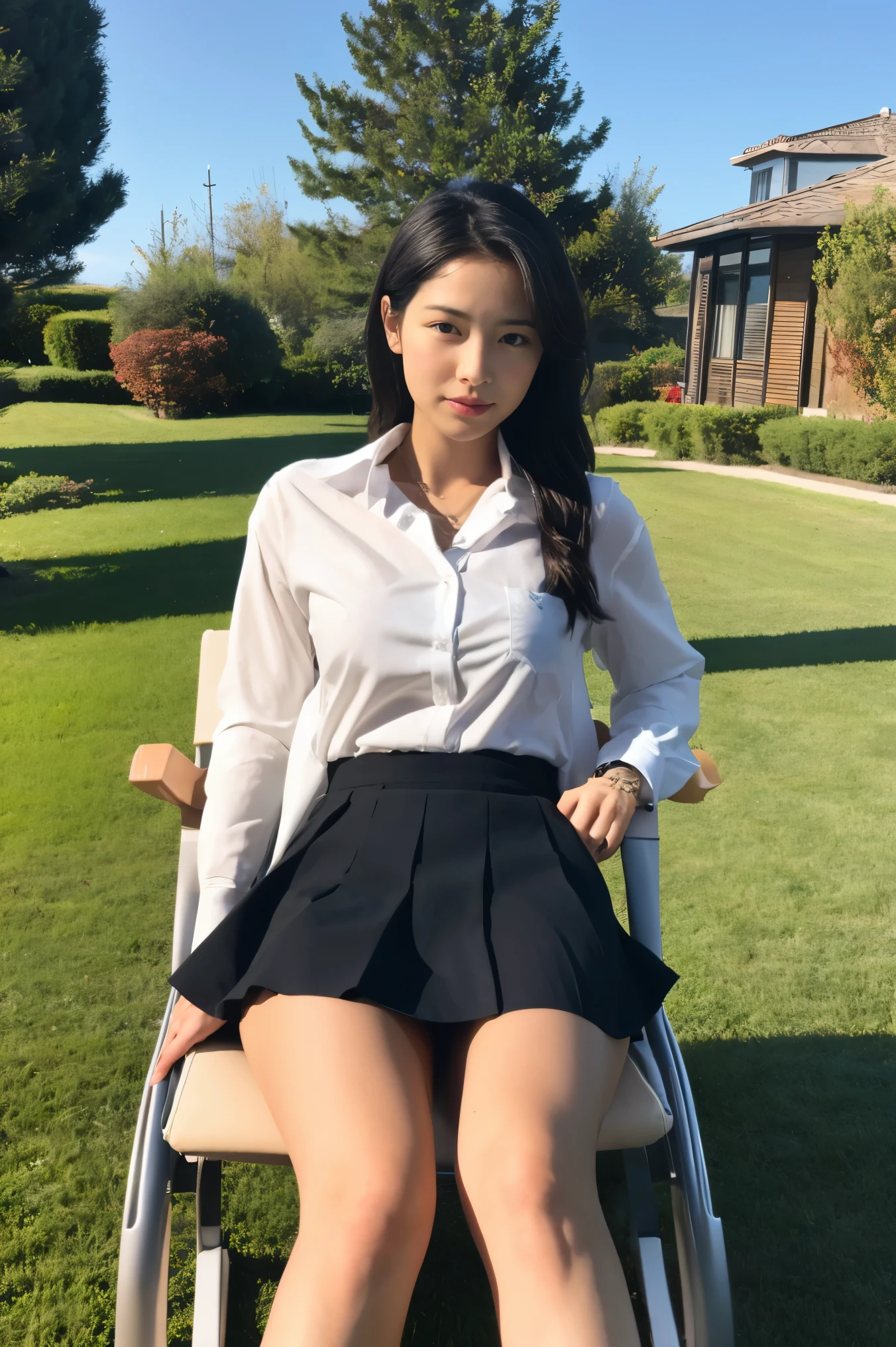girl,skirt,shirt,(sit in a chair),(lift your legs),spring,(white skin),(think ahead)