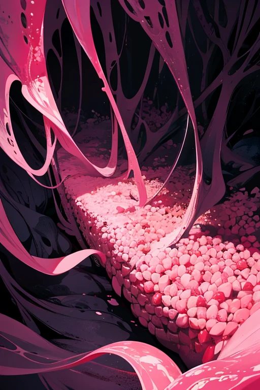 Cave covered with pink raspberry groups, tentacles grow