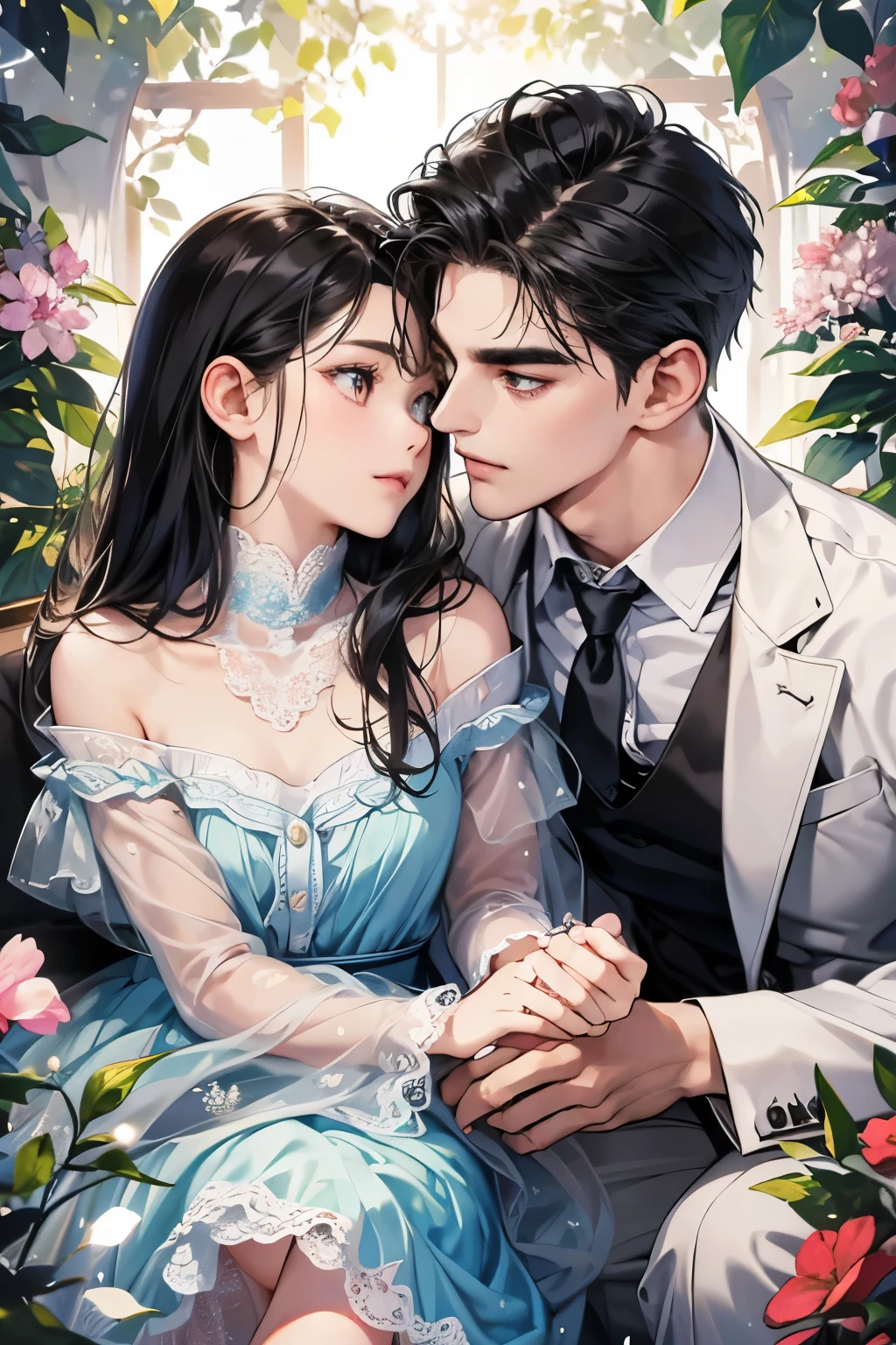 (table top, digital art, digital illustration, 4k, 8k, Super detailed, beautiful images, clear image, realistic, RAW photo, perfect face, perfect lines, perfect eyes, soft lighting) ,1 female, (long black hair,straight hair,bullish look,Beautiful woman,small breastake up well,23 years old,:1.3),Two handsome men in suits, (human,muscular,solid shoulder width, human,boyish hairstyle,british gentleman&#39;s style,A man in his 30s with a cool expression,28 year old man with a bright 笑顔:1.2),Show your white teeth and 笑顔(embarrassing,shy smile:1.1),garden full of light、resort sofa、colorful flowers、couple、coupleキス、romance porn、ハグし合うcouple、look at each other、wear sunglasses