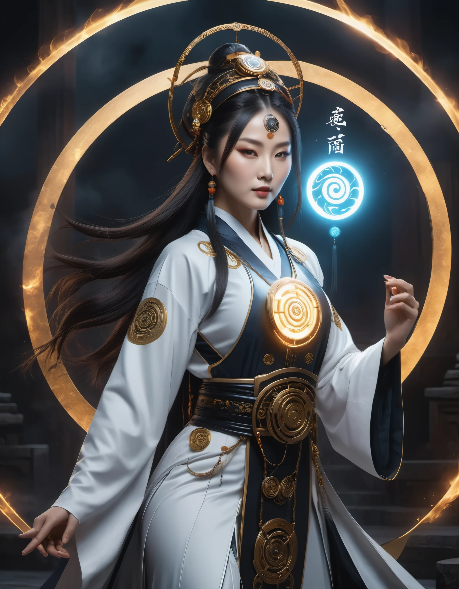 in style of Fashion photography, roboto character, beautiful detailed，magic circle，best quality,4k,8k,highres,masterpiece:1.2,ultra-detailed,realistic,acrylic style,tai chi, yin yang, eight trigrams,3d rendering，，Female Taoist Priest，Light and shadow photography，