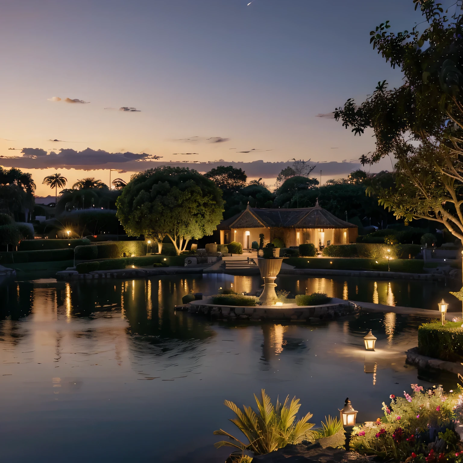 A panoramic view of the fully decorated World Famous Island Of Gardens, bathed in the soft glow of twilight