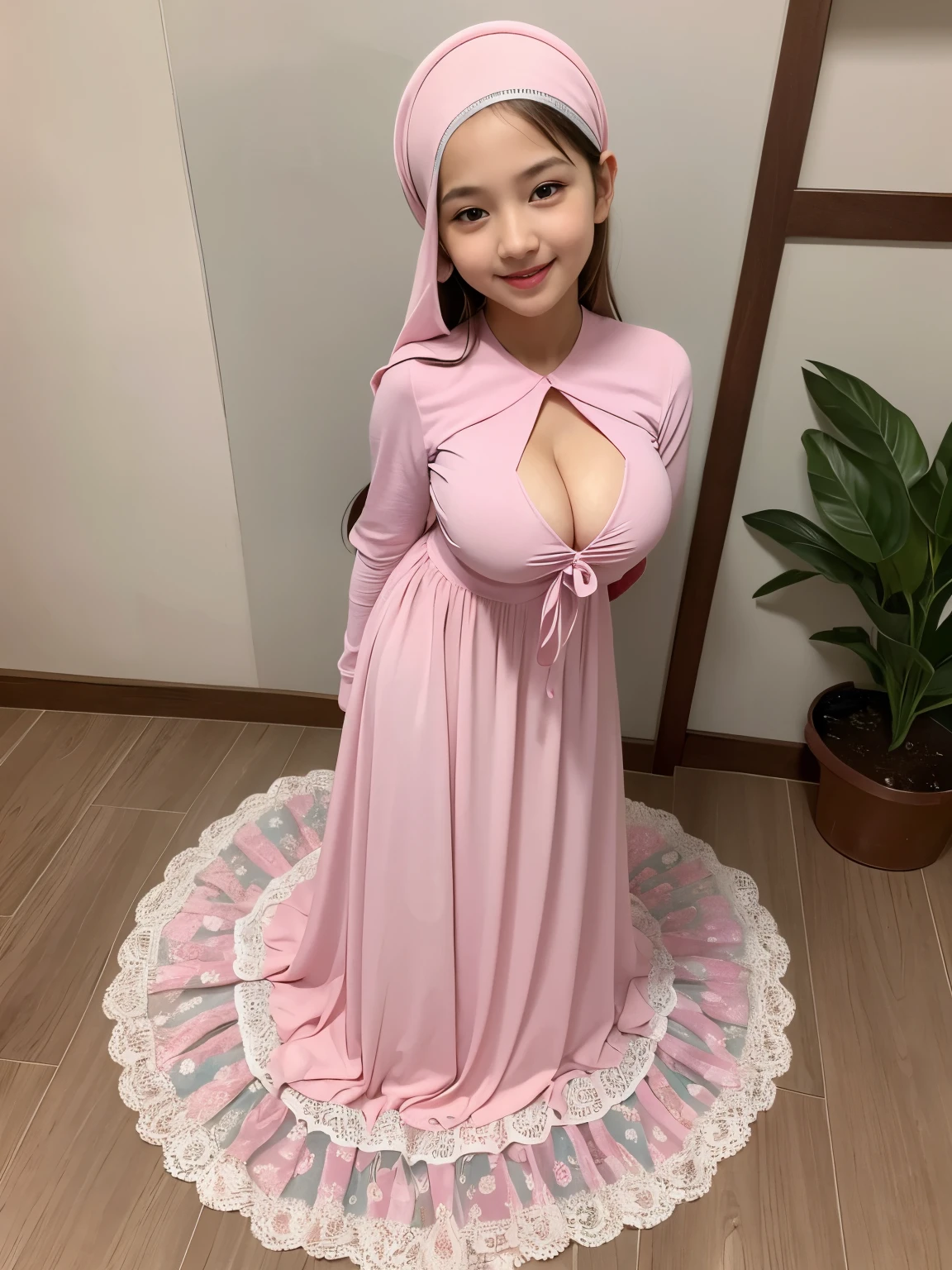 adorable, 1 girl, 8ars old, basmile shy, full body portrait, (face details: 1), (eye details: 1), ((big breasts)). ((Cleavage)). wearing pinky long shirt, long skirt, modern hijab colorful, (large breasts)... Cute posed. proportional body. Ultra High Res. realistic: 1.4, UHD