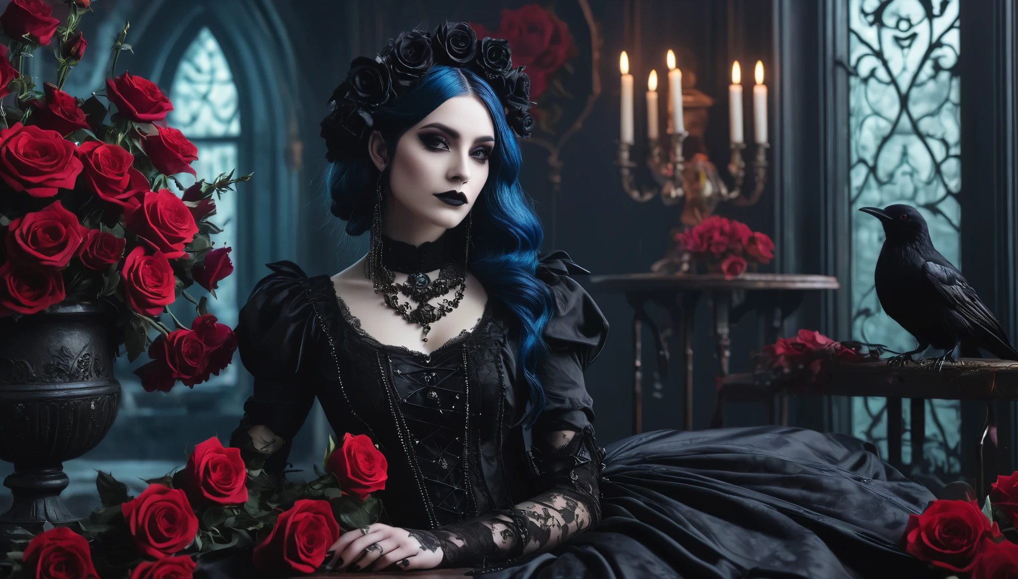 Create imaginative and amazing images demonstrating the style of ((Romantic Goth)), hyper realistic, 8k, vibrant colors, sharp crisp image