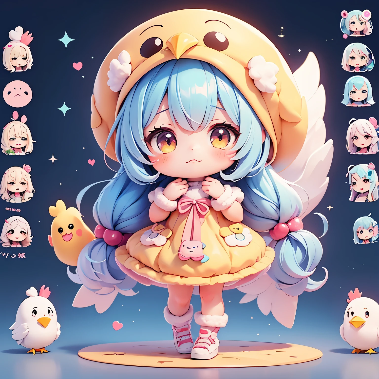 cartoon girl in a chicken costume with a hat and a hand, cute kawaii girl, kawaii chibi, cute art style, cute cartoon character, cute character, kawaii cutest sticker ever, cute digital art, chibi girl, cute anime style, cute detailed digital art, anime chibi, cute anime girl, chibi anime girl, ruan cute vtuber, sticker illustration
feel sad