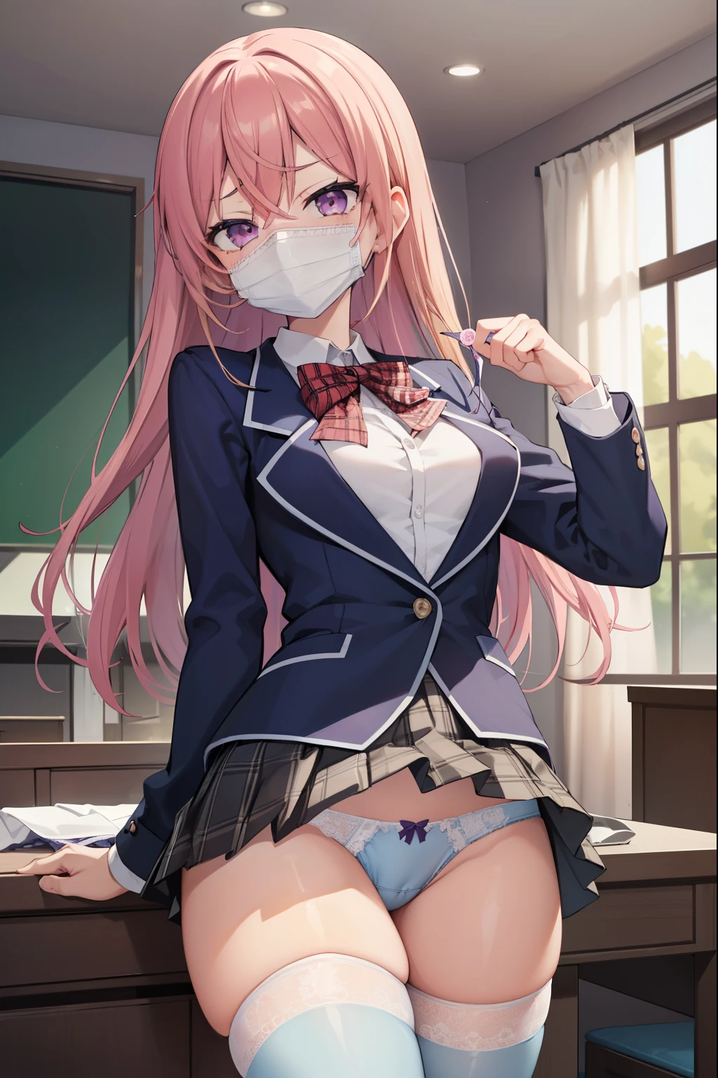 （best quality），8k，high details、Elinakiri, it has at least, lift up the skirt、show underwear、angle from below、blonde hair, (medium breasts:1.2), (purple eyes:1.2), break skirt, Thighhighs, bow, red bow, school uniform, Jacket, pleated skirt, black Thighhighs, zettai ryouiki, plaid, plaid skirt, blazer, break looking at viewer, break outside, break (masterpiece:1.2), highest quality, High resolution, unity 8k wallpaper, (figure:0.8), (緻密でbeautiful目:1.6), highly detailed face, perfect lighting, Very detailed CG, (perfect hands, perfect anatomy), 2 girls, duo, identical twins, clone shy、blush、Sweat、mouth mask、black mask、 looking at the viewer, abdomen, Contrasting, cowboy shot, Ahegao, Ahegao,light blue bra、light blue underwear、light blue pants、((light blue lace panties))、sexy pose　Bewitching、黒のThighhighsックス、 panty shot、whole body from head to toe、少し下からの構figure、light blue panties、((Light blue lace panties)),sexy pose,少し下からの構figure、lift up the skirt、show underwear、under the spotlight、delicate underwear、(((Show off your underwear)))、open your legs、Detailed garbage pile on background、、dark room、Scatterでg of food waste、(used condom sand:1.4),absurd, High resolution, (anime style:1.1), ((table top)), ((highest quality)), (Super detailed), (beautiful), alone, beautiful face、(lift)、(信じられないほどdirty roomでゴミの上に座っている、cute operation smartphone:1.4)、The room is full of garbage、Garbage with rolled tissue、There are also cockroaches、dirty room、love hotel、