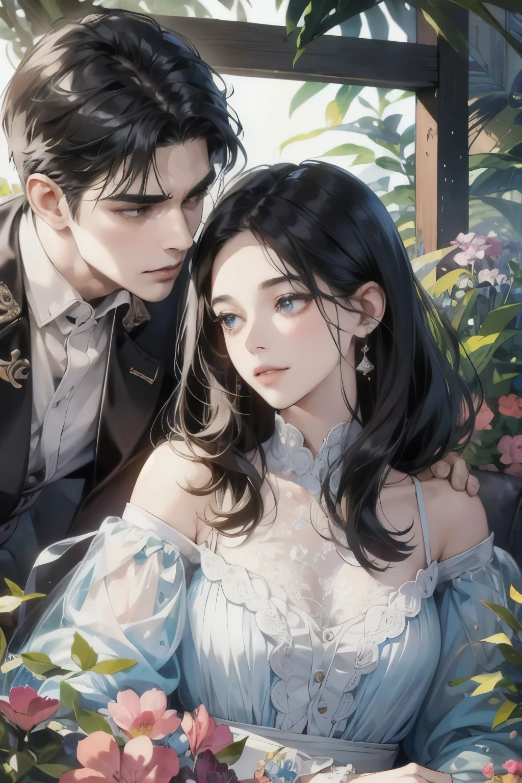 (table top, digital art, digital illustration, 4k, 8k, Super detailed, beautiful images, clear image, realistic, RAW photo, perfect face, perfect lines, perfect eyes, soft lighting) ,1 female, (long black hair,straight hair,bullish look,Beautiful woman,small breastake up well,23 years old,:1.3),Two handsome men in suits, (human,muscular,solid shoulder width, human,boyish hairstyle,british gentleman&#39;s style,A man in his 30s with a cool expression,28 year old man with a bright 笑顔:1.2),Show your white teeth and 笑顔(embarrassing,shy smile:1.1),garden full of light、resort sofa、colorful flowers、couple、coupleキス、romance porn、ハグし合うcouple、look at each other、wear sunglasses