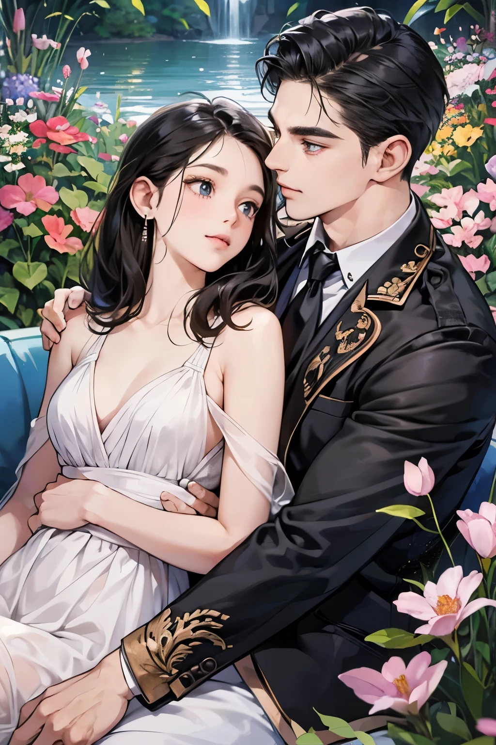 (table top, digital art, digital illustration, 4k, 8k, Super detailed, beautiful images, clear image, realistic, RAW photo, perfect face, perfect lines, perfect eyes, soft lighting) ,1 female, (long black hair,straight hair,bullish look,Beautiful woman,small breastake up well,23 years old,:1.3),Two handsome men in suits, (human,muscular,solid shoulder width, human,boyish hairstyle,british gentleman's style,A man in his 30s with a cool expression,28 year old man with a bright 笑顔:1.2),Show your white teeth and 笑顔(embarrassing,shy smile:1.1),garden full of light、resort sofa、colorful flowers、couple、coupleキス、romance porn、ハグし合うcouple、look at each other、wear sunglasses