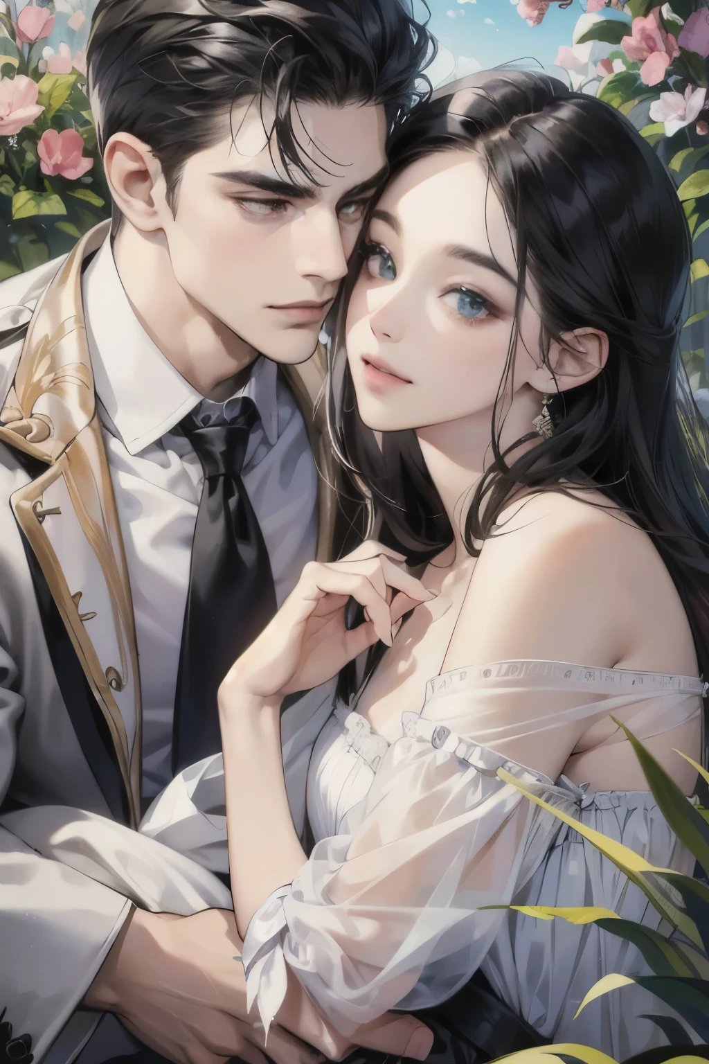 (table top, digital art, digital illustration, 4k, 8k, Super detailed, beautiful images, clear image, realistic, RAW photo, perfect face, perfect lines, perfect eyes, soft lighting) ,1 female, (long black hair,straight hair,bullish look,Beautiful woman,small breastake up well,23 years old,:1.3),Two handsome men in suits, (human,muscular,solid shoulder width, human,boyish hairstyle,british gentleman's style,A man in his 30s with a cool expression,28 year old man with a bright 笑顔:1.2),Show your white teeth and 笑顔(embarrassing,shy smile:1.1),garden full of light、resort sofa、colorful flowers、couple、coupleキス、romance porn、ハグし合うcouple、look at each other、wear sunglasses