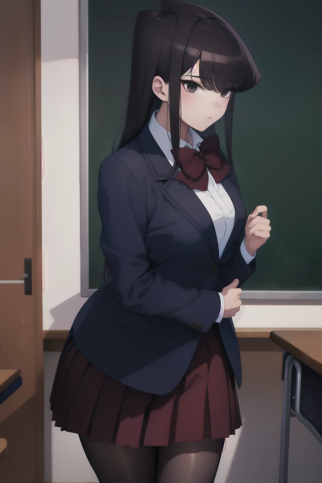 1girl, cowboy shot, classroom, 
komi_shouko, black eyes, black hair, long hair, school uniform, red bowtie, jacket, blazer, long sleeves, striped, pleated skirt, red skirt, black pantyhose,  best quality, masterpiece, highres, 