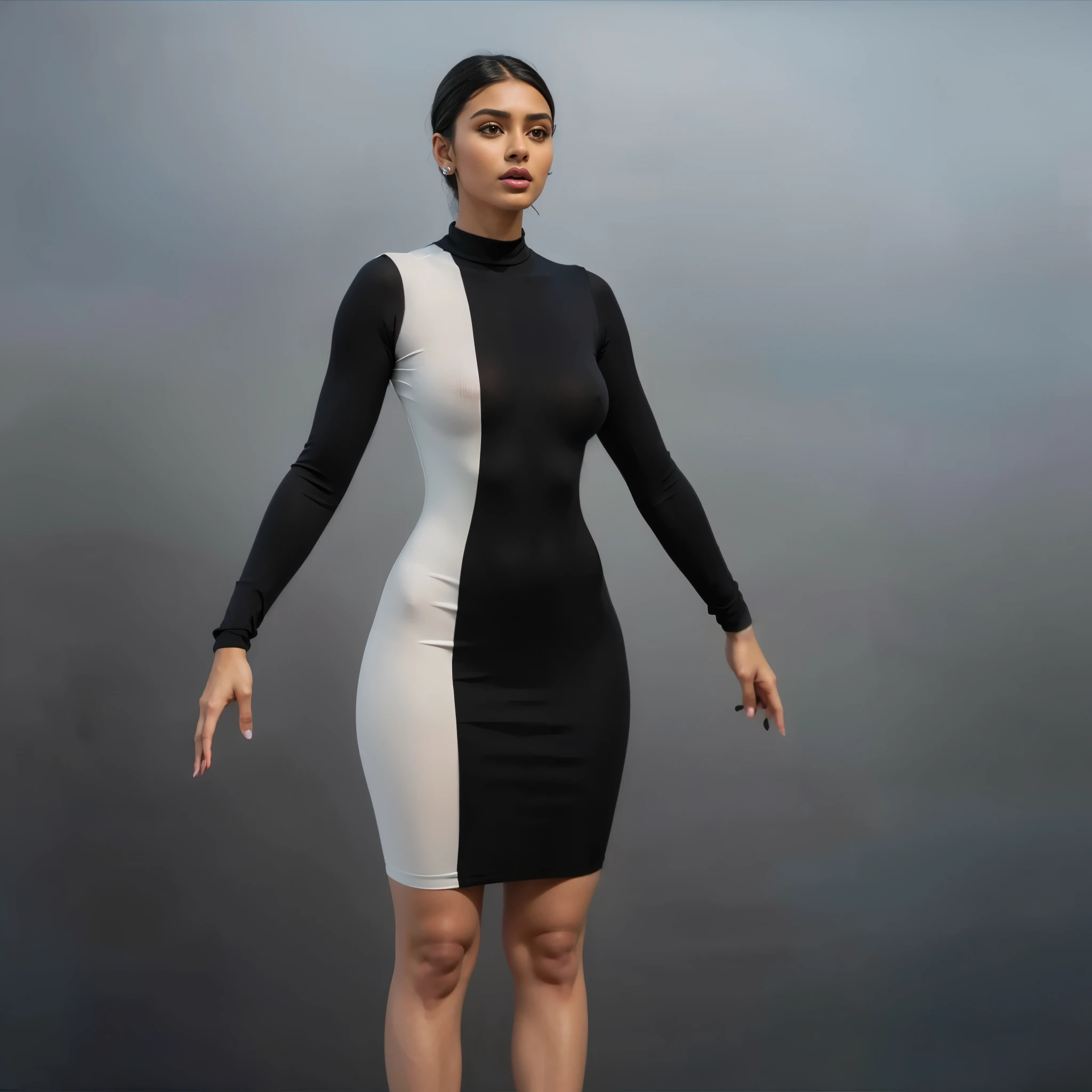 ((Beautiful brown girl, (KIKI Layne), Kylie Jenner, Maitreyi Ramakrishnan, Jessica Alba, 18 years)), big round breasts, big hips, beautiful soft thighs, beautiful legs, wearing black and white cotton-Lycra tight turtleneck long-sleeved dress, Vibrant, vivid, shadows, lumen, HDR, 8k, ((detailed: 1.4)), ((hyper realistic)), Extremely Realistic, Realism, Portrait, Raw photo, Photography, Photorealism, Photoshoot, Instagram vibes