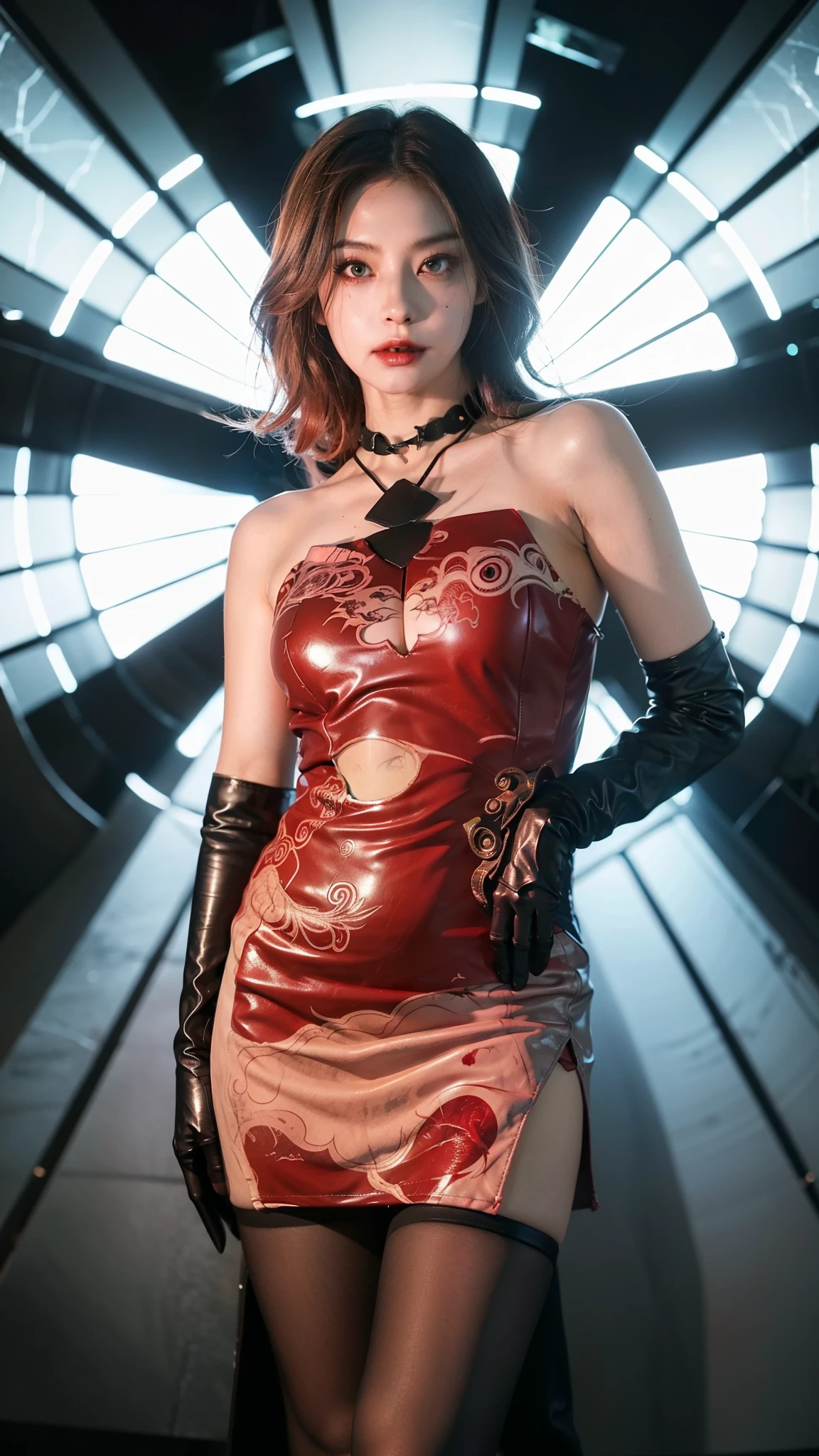 A girl with red cat ears, red hair, ponytail, she is wearing a red strapless dress that leaves her thighs and legs and feet exposed, full body, she has her arms half open, her wrists are handcuffed and chained by a metal chain that connects to a steel collar that is around her neck, in a high-class ballroom, there are men in suits in the background and an audience in the background, she is wearing red gloves that go from her hands to half of her arms, she is worried, anxious, barefoot, her hands are half open, fear, standing