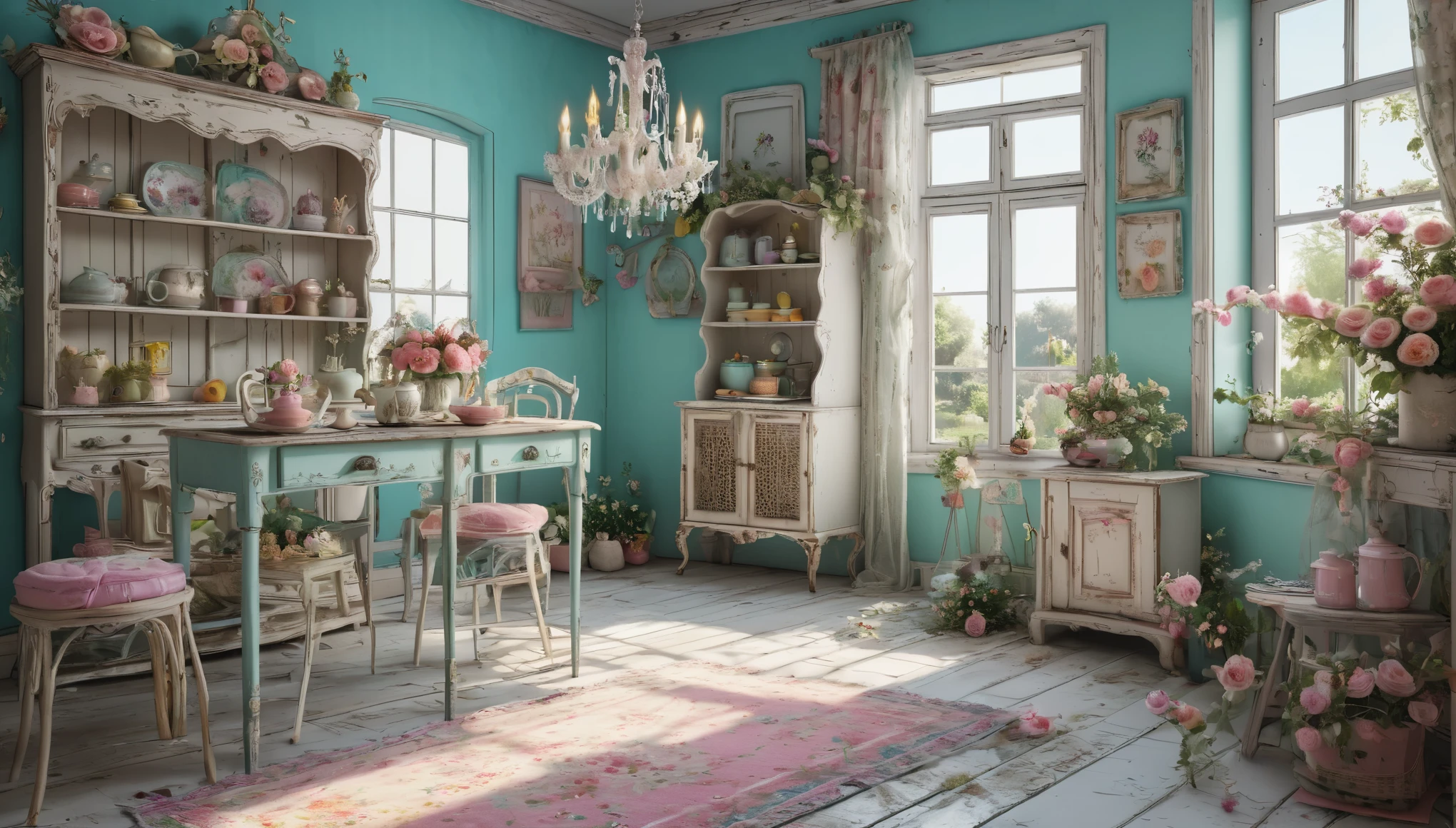 Create imaginative and amazing images demonstrating the style of ((Shabby Chic)), hyper realistic, 8k, vibrant colors, sharp crisp image