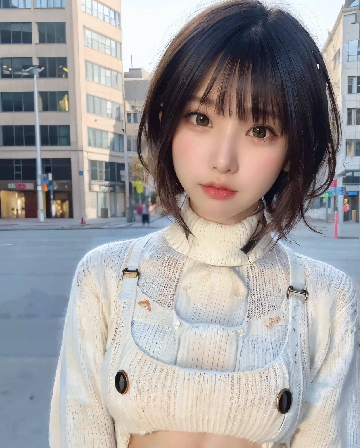 pureerosface_v1, best quality, photorealistic, 8k, high res, full color, 1girl, woman, 20 years old woman, (skindentation), (portrait:0.6), ((cityscapebackground:1.62)), full color, ((smallsize round breast, highneck sweater:1.65)), closed mouth, straight-looking at viewer:1.8, (1girl eyes looking at viewer:1.55), (short-length hair, blackhair, partedbangs:1.45), (bokeh),  