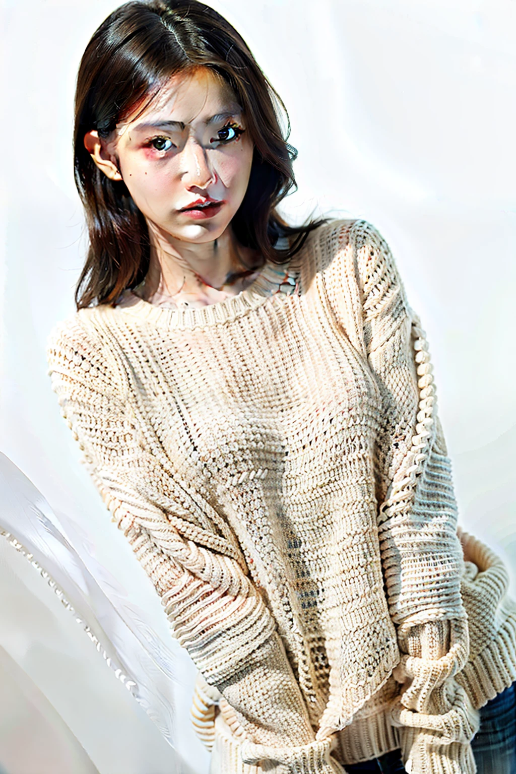 1 girl,sweater,white background,