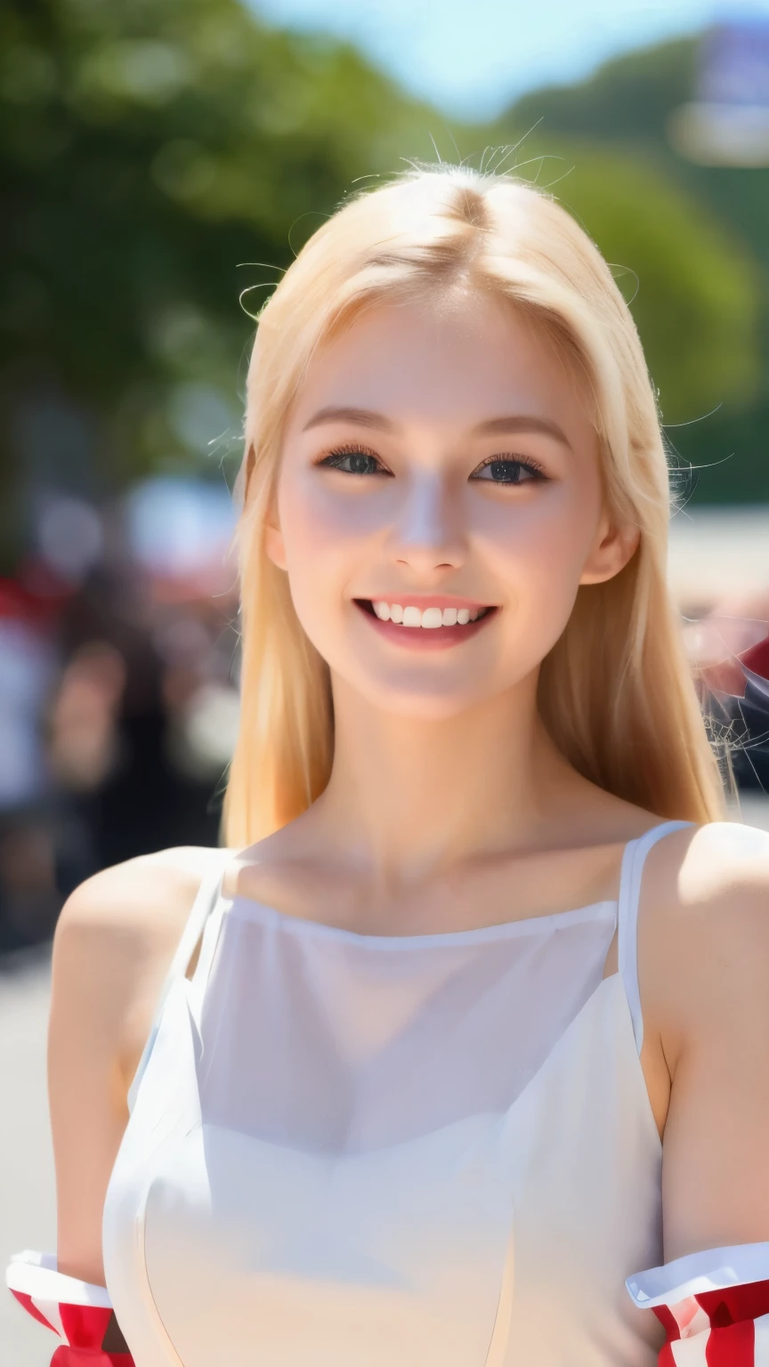 best quality, ultra-high resolution, real, photorealistic, 16K, BREAK, a American girl, cute, (full body:1.3), BREAK, highly detailed hair, (glossy light blonde hair), highly-detailed face, well-defined facial features, detailed eyes, detailed skin, (white skin), detailed lips, smile, walking, drunk, BREAK, highly-detailed clothings, pit babe:1.3, glossy, long and puffy sleeves, BREAK, (detailed background, in a racing event:1.3)