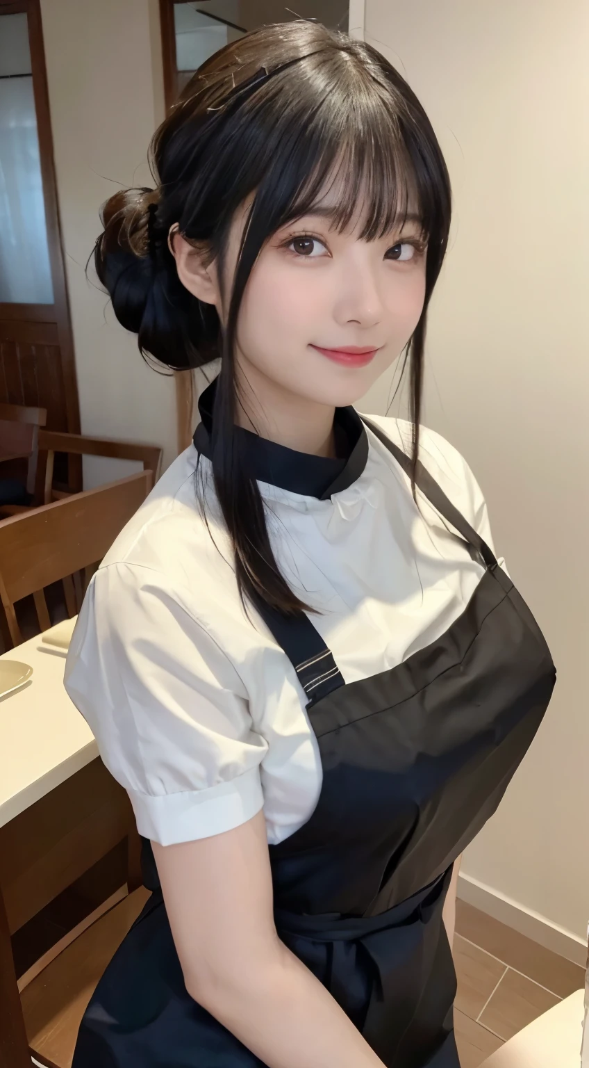 (highest quality,masterpiece:1.3,ultra high resolution,),(Super detailed,caustics),(Photoreal:1.4,RAW shooting,)ultra-realistic capture,very detailed,High resolution 16K human skin close-up。 natural skin texture、,The pores are、、、、Must be detailed enough to be easily identified。 Skin should look even-toned and healthy。 Use natural light and color,restaurant,waitress uniform,1 girl,Japanese,18-year-old,cute,black haired,ponytail,big breasts,smile,turn your body forward,(Front view:1.1),look at the camera,cowboy shot,