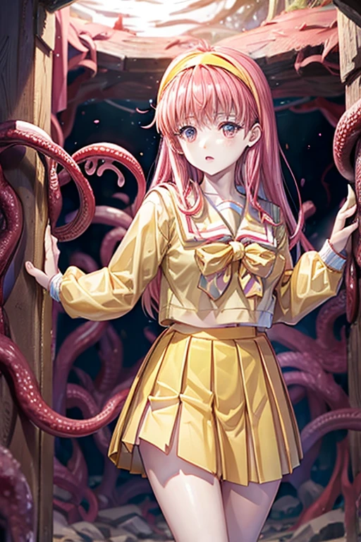 fujisaki shiori, yellow hairband, school uniform, serafuku, long sleeves, pleated skirt, Cave covered with pink raspberry groups, Tentacles entangled