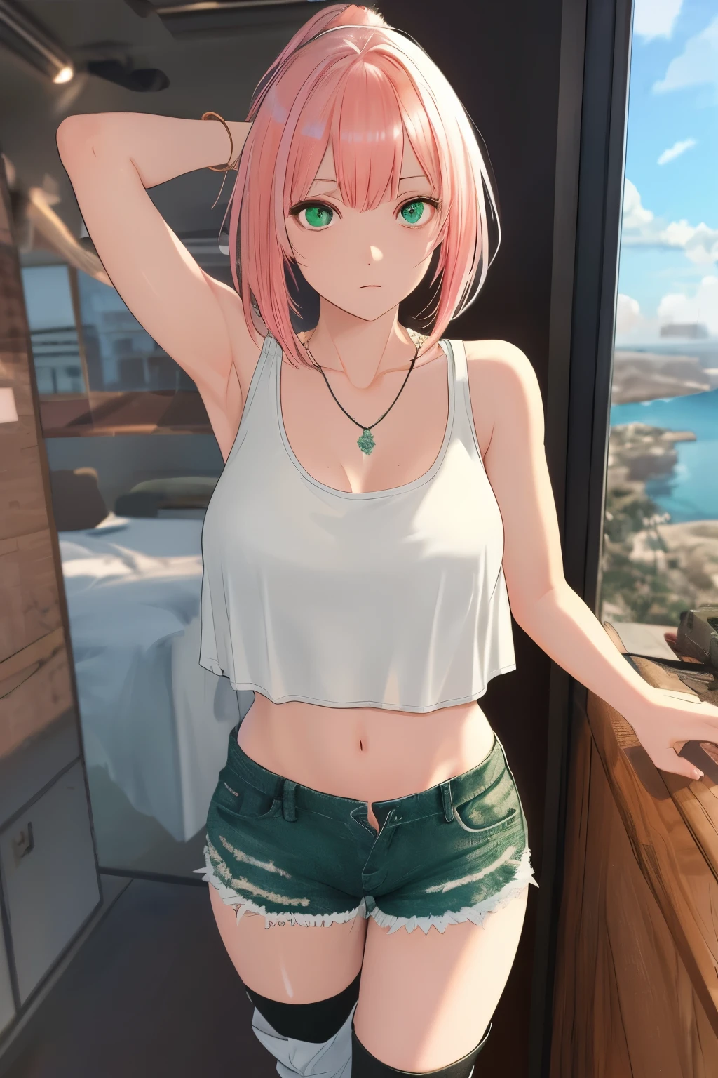 realistic, Beautiful detailed girl, clear and beautiful, Personage as the main perspective, shiny_skin, girl,woman,female, young,25 years old, (medium hair), bangs, (Top knot:1.3), sidelocks, red-pinkish hair, (beautiful detailed Glass hair), pink streaked hair,beautiful detailed cold face, cold expression, complex details beautiful and delicate eyes, fingernails, medium_breasts, , green eyes, Authentic skin texture, (piercing), necklace, tank_top, short_shorts, knee_boots, bloom,(line art:1.2),realistic illustration,unreal engine,(GoPro),insanely detailed,perfect shading,digital art,(ray tracing)