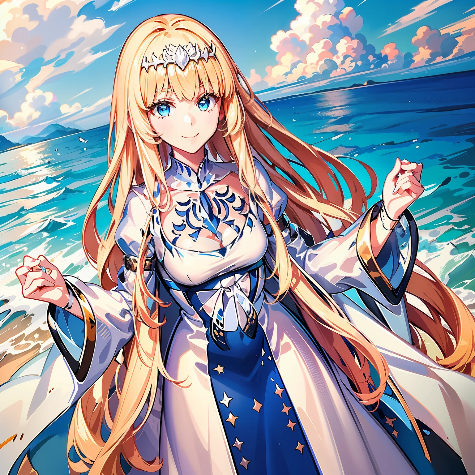 1girl in、imagem 4k、cute little、a smile, solo, Calca, Calca Bessarez, blonde hair, extremely long hair, very long hair, white tiara, white dress, blue eyes, medium chest