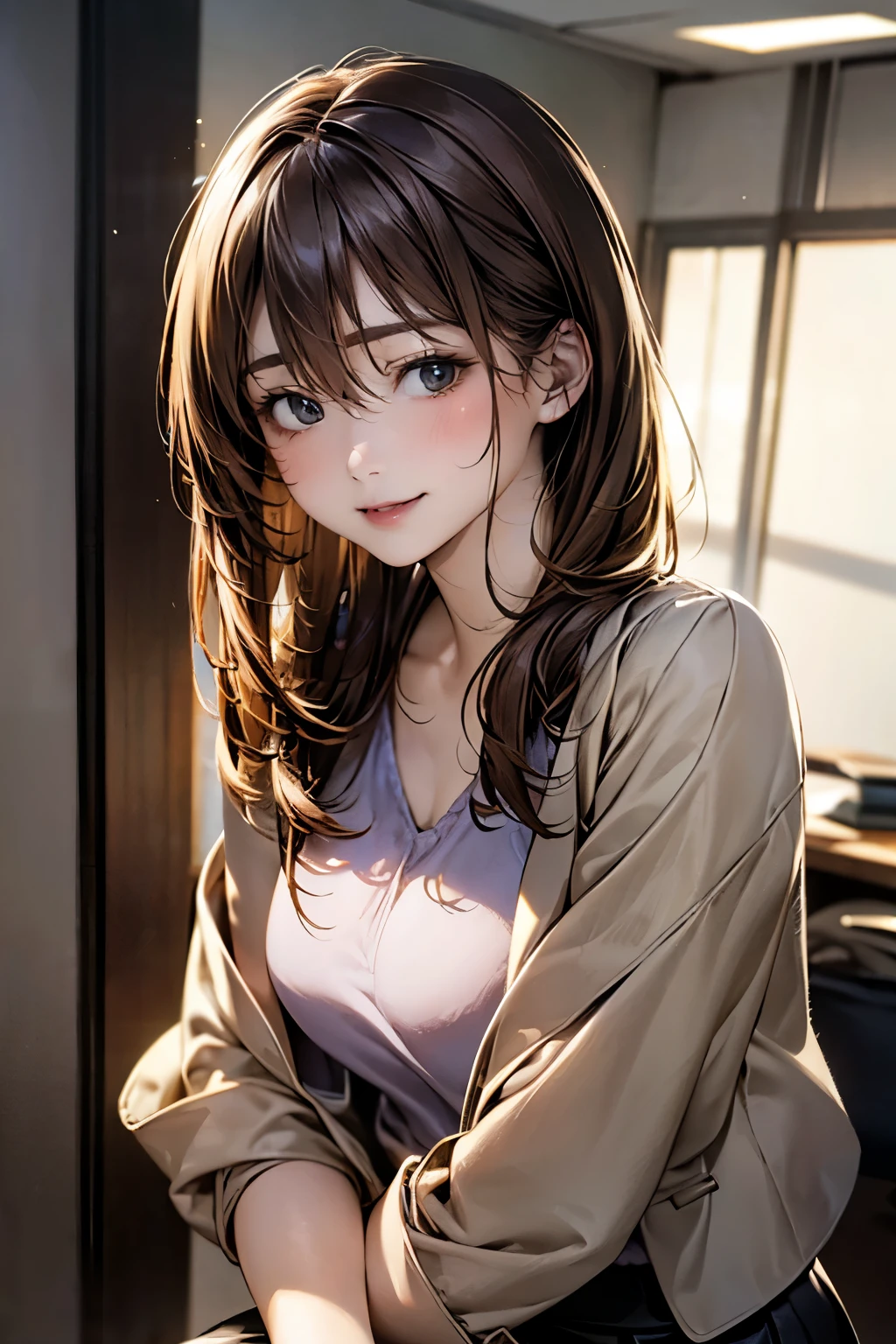 (masterpiece:1.2, highest quality), (realistic, photorealistic:1.4), beautiful illustrations, (natural side lighting, movie lighting),
looking at the viewer, face focus, Upper body, 1 girl, Japanese, 18-year-old, perfect face, perfect body, Cute symmetrical face, shiny skin, baby face,
(short hair, straight hair, long sideburns, light brown hair), hair between eyes, Chest with emerald green eyes, seductive thighs), thin,
beautiful hair, beautiful face, fine and beautiful eyes, beautiful clavicle, beautiful body, beautiful breasts, beautiful thighs, beautiful feet, beautiful fingers,
(((Collarless jacket), blouse, black tight skirt)),
(beautiful scenery), evening, (office), Are standing, (cute smile, upper grade),