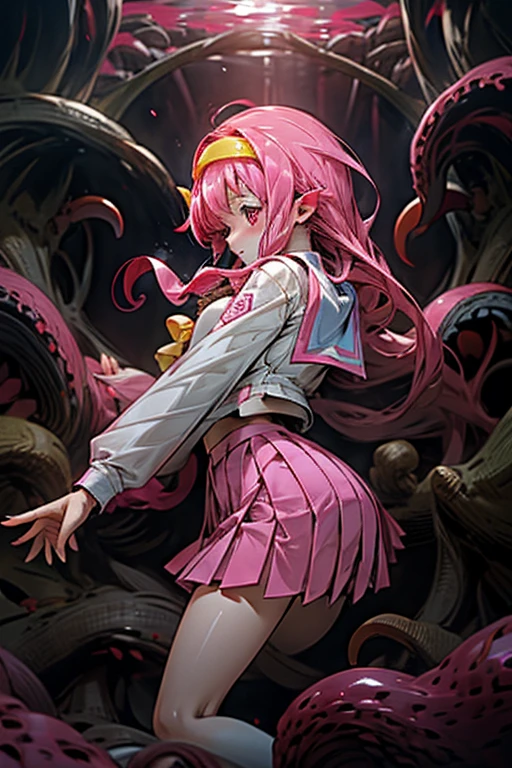 fujisaki shiori, yellow hairband, school uniform, serafuku, long sleeves, pleated skirt, Cave covered with pink raspberry groups, Tentacles entangled