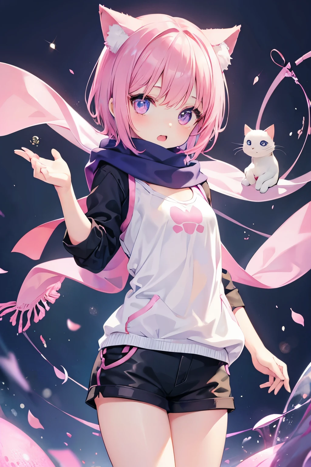 Very beautiful and shining eyes、shining eyes、1 girl、small breasts、big mouth、small breasts、Cat ear、Transparent pink short hair、scarf、hot pants、7 girl、childish clothes
