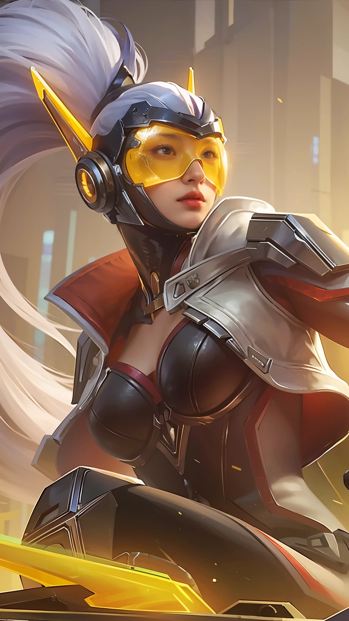 "((best quality)), ((masterpiece)), ((realistic)), Realistic, ultra-detailed portrait of futuristic woman holdings big weapon, white long hair, futuristic mask, big breast, sexy but deadly, sexy superwoman, super hero, realistic potrait, 8k, High quality, RAW photo, cinematography,