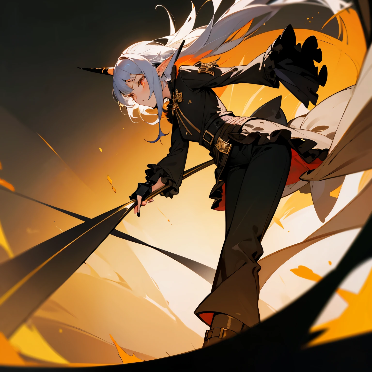 An anime girl, with silver hair, golden eyes, that have slight red and blue accent in it, wearing an oversized frilly shirt, with a long black pants, as well as a belt, a pair of gloves that doesn't cover the fingers, and platformed boots, have an pair of elf ears and demon horn that is tall and curved, the colour is black and the tip is gold, and a fluffy and soft black tail that is long and have a gold tip