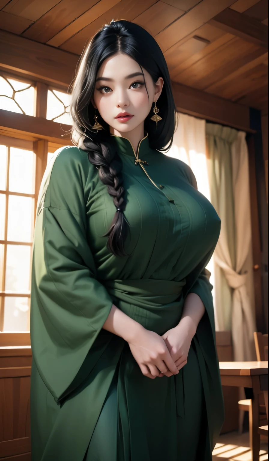 1girl, huge breast, black hair, green eyes,high quality, ultra detailed, masterpiece, realistic, dark-green gamis clothes,braid,standing, thick body, slightly fat body