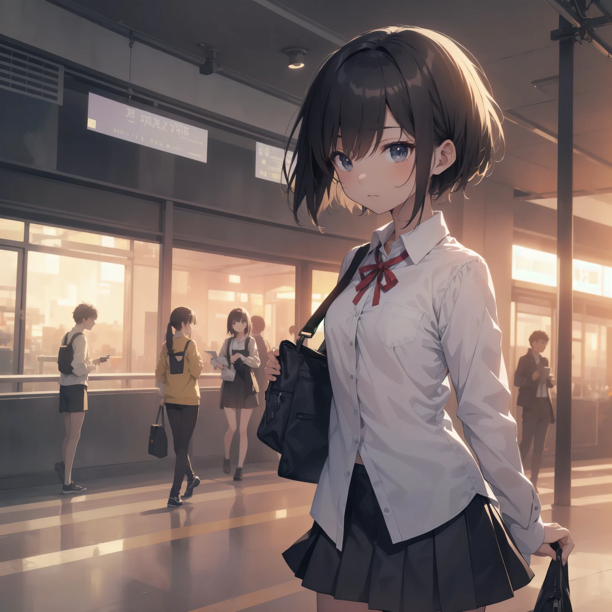 Super absurd quality by the god of art, super detailed, High resolution, anime moe art style, Best Anime 8K Kona-chan Wallpaper, pixiv contest winner, perfect anatomy, break,(眠そうにalone学校へ行く女の子を描いてください. )break,1 girl, (alone,little woman, baby face, :1.3),All limbs, full finger,, The charm of an immature body, (very_short hair), Bang, flat chest, small ass, between legs, small black eyes, detailed and beautiful eyes, Well-proportioned iris and pupils, expressive eyes, sleepy eyes, High resolutionの詳細な髪, neck ribbon, shirt, collared shirt, skirt, pleated skirt, school uniform, school bag,(detailed lighting), (detailed background), On the way to school. break,super dense skin, Best cinematic lighting powered by famous artist, 8k, Beauty Illustration,photoshop_(Moderate),Absurd Hi-Res,Hmm,rough skin,break,((artist:shinkai makoto)), artist:Ilya Kuvshinov,artist:kirisawa juuzou,artist:Fujiyama