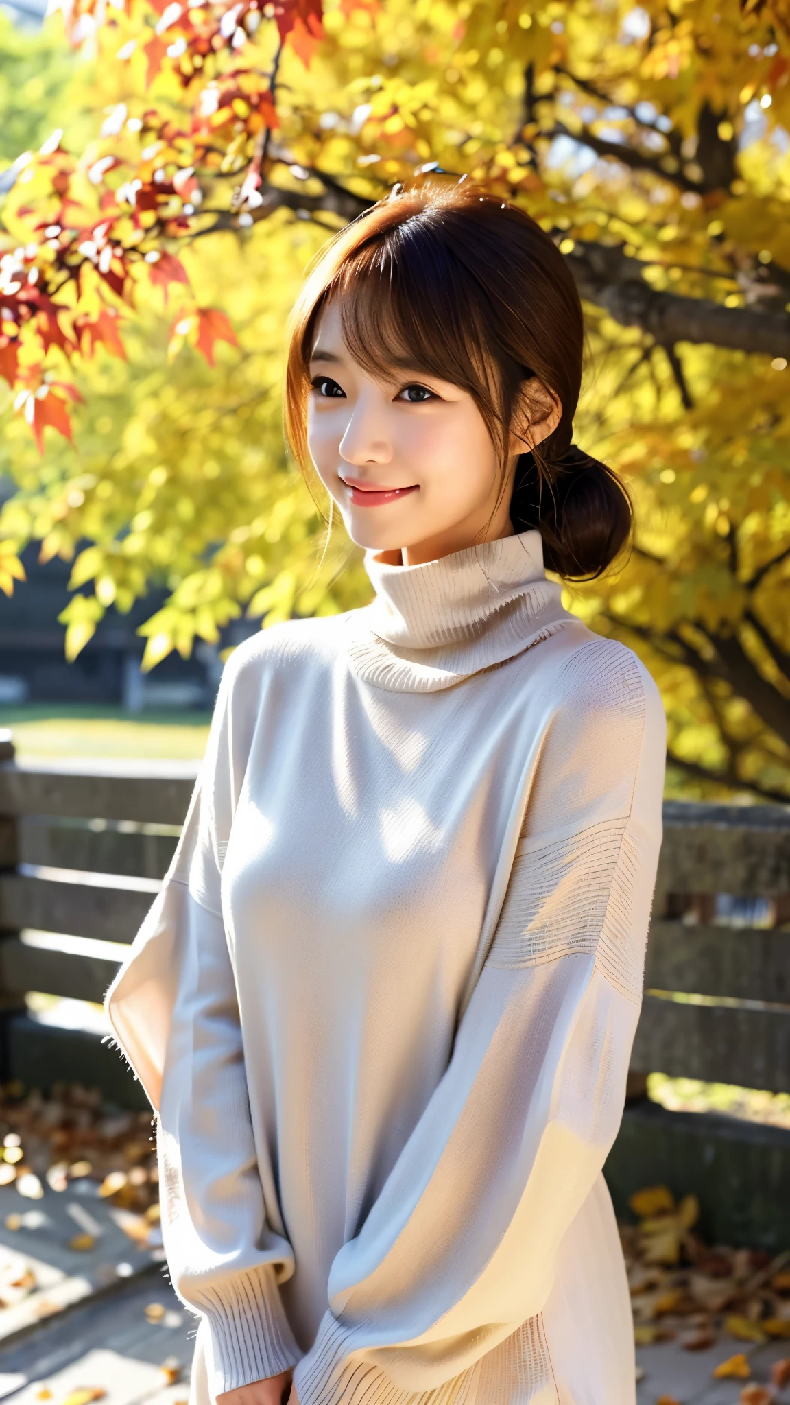 beautiful women in japan、1 person,very pretty and slender、outstanding style 、Super high quality、very delicate face, skin and hair、top ponytail hair、straggling hair,light brown hair、((turtleneck sweater dress)),Knee-high boots、cover your chest with your arms、Shibuya Ward、8k images、A very cute Japanese face、Slender、medium breasts、The eyes and nose stand out clearly、gentle eyes、laughter,Background of autumn leaves