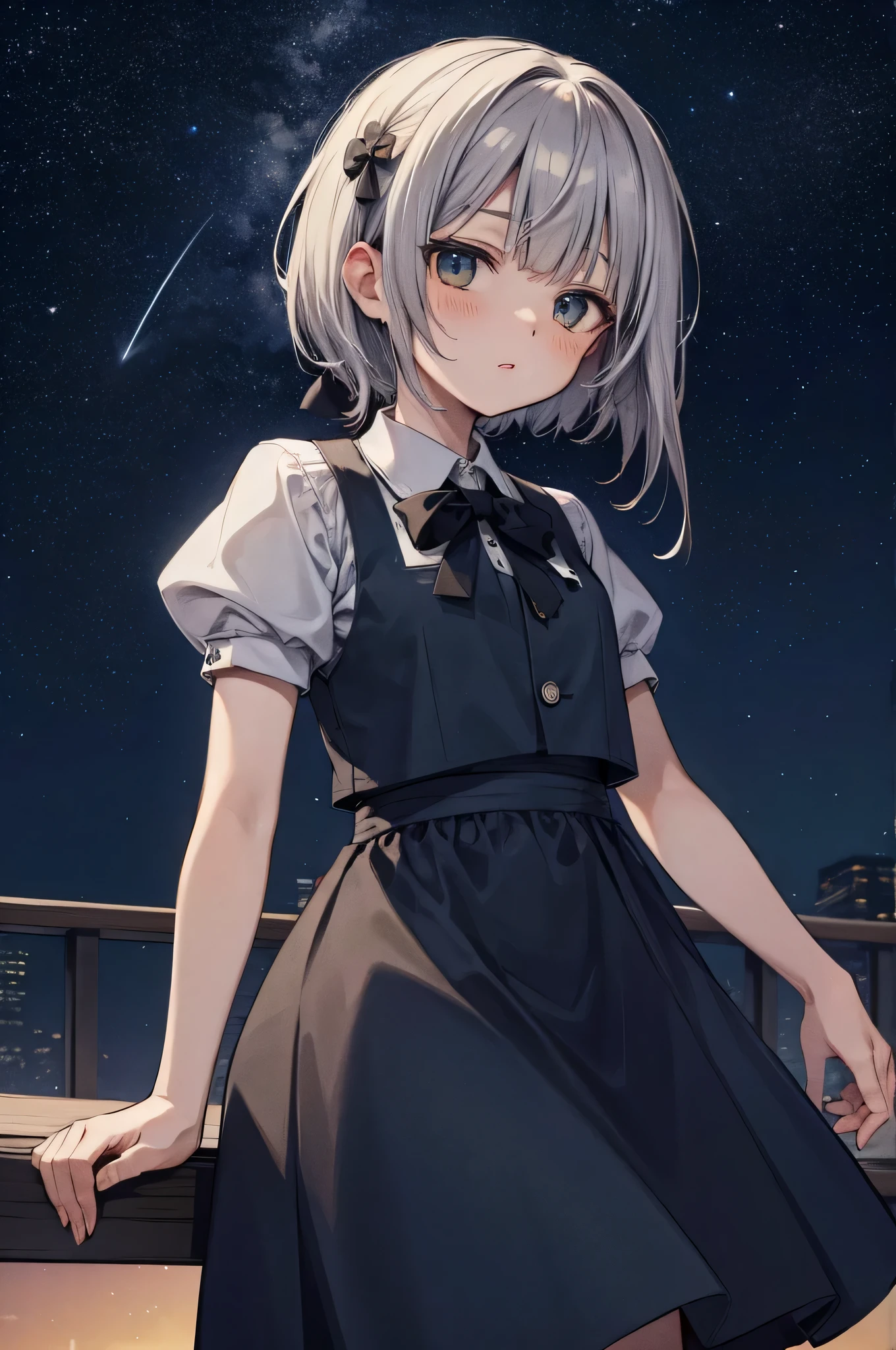(Maste Piece:1.2), 最好质量, tultra-detail, (Blushing girl:1.3), (School Uniform:1.2), (White skirt:1.2), ta, Solo, Glittering starry sky, demi-corps, One point of view, White hair、short-hair、