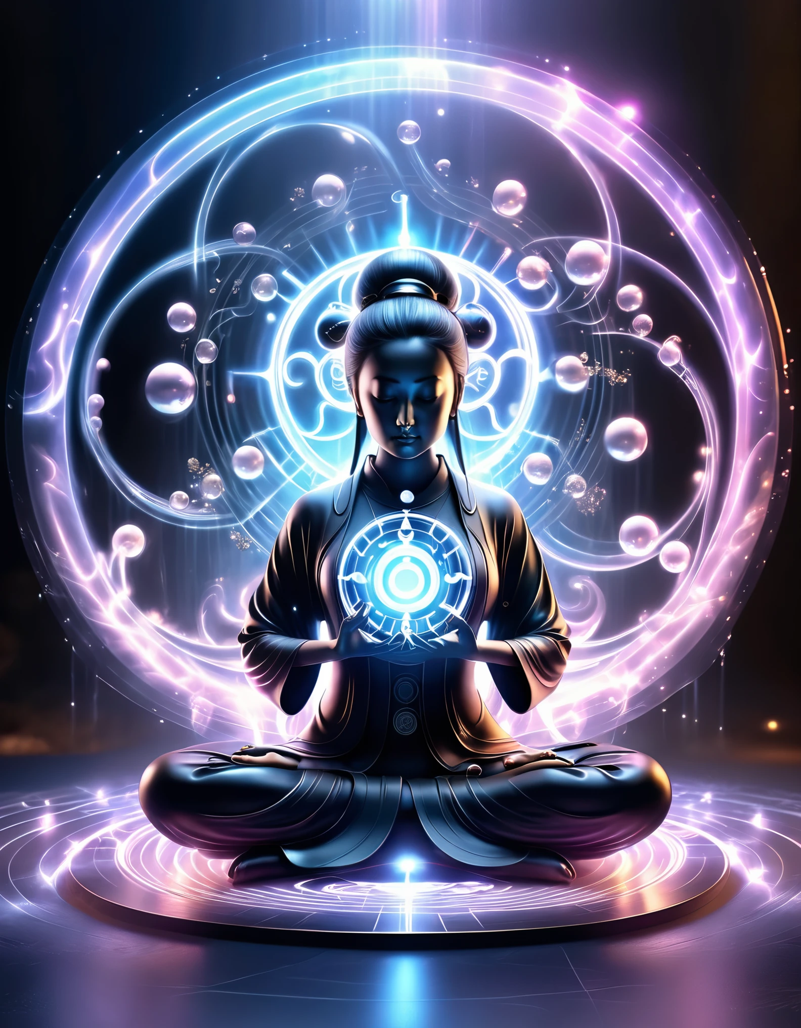 in style of Luminogram photography,r, beautiful detailed,magic circle,best quality,4k,8k,highres,masterpiece:1.2,ultra-detailed,realistic,acrylic style,tai chi, yin yang, eight trigrams,3d rendering,Transparent and extremely charming female Taoist priest meditating in yoga,Light and shadow photography,(background:An unusually large number of magical kanji spells are falling like a torrential rain),