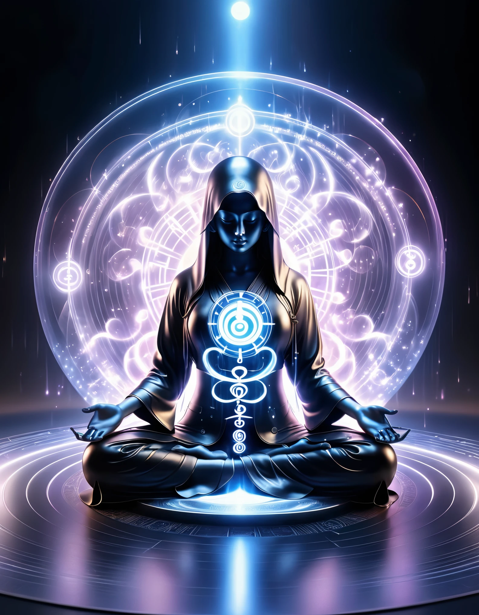 in style of Luminogram photography,r, beautiful detailed,magic circle,best quality,4k,8k,highres,masterpiece:1.2,ultra-detailed,realistic,acrylic style,tai chi, yin yang, eight trigrams,3d rendering,Transparent and extremely charming female Taoist priest meditating in yoga,Light and shadow photography,(background:An unusually large number of magical kanji spells are falling like a torrential rain),
