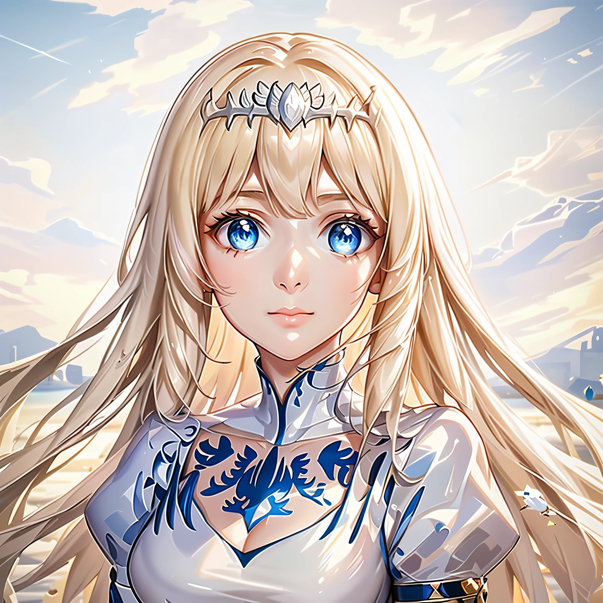 (best quality,4k,8k,highres,masterpiece:1.2),ultra-detailed,(realistic,photorealistic,photo-realistic:1.37),traditional style,earth tone,dreamy lighting,scenic background,,kind eyes,calm expression,traditional clothing,carefully crafted details,serene atmosphere,subtle brush strokes,harmonious color palette,lush greenery,peaceful garden setting,close-up of the face,,tranquil vibe,serene ambiance,delicate patterns,ethereal aura,nature-inspired elements,soft lighting,meticulously painted,serene facial features,artistic charisma,tranquil scenery,serenity of the moment,authentic cultural representation,gentle sunlight filtering through the trees,thoughtful expression,quiet contemplation,serene and calm demeanor,,serene facial features,pensive mood,artistic interpretation,nature's harmony,subtle textures,traditional garment,charming simplicity,tranquil surroundings,spiritual aura, 1girl, star guardian, (cool color theme), 1girl, Calca, blonde hair, extremely long hair, white tiara, tiara on her head, white dress, blue eyes, medium breasts